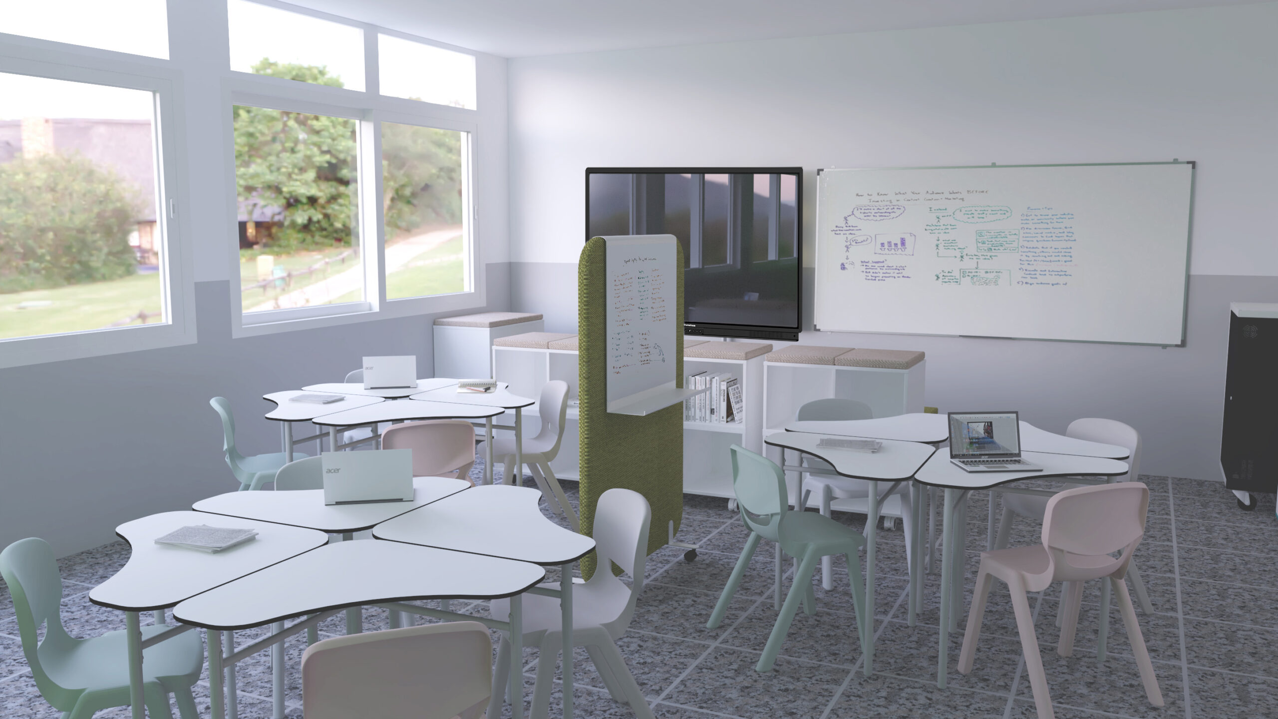 Une salle de classe moderne du CEPA avec de grandes fenêtres, plusieurs tables blanches et des chaises pastel, des ordinateurs portables sur les bureaux, un tableau blanc avec des notes, un écran de télévision et une cloison verte mobile au centre - idéale pour les sessions d'apprentissage Aula Mentor ou Ateca.