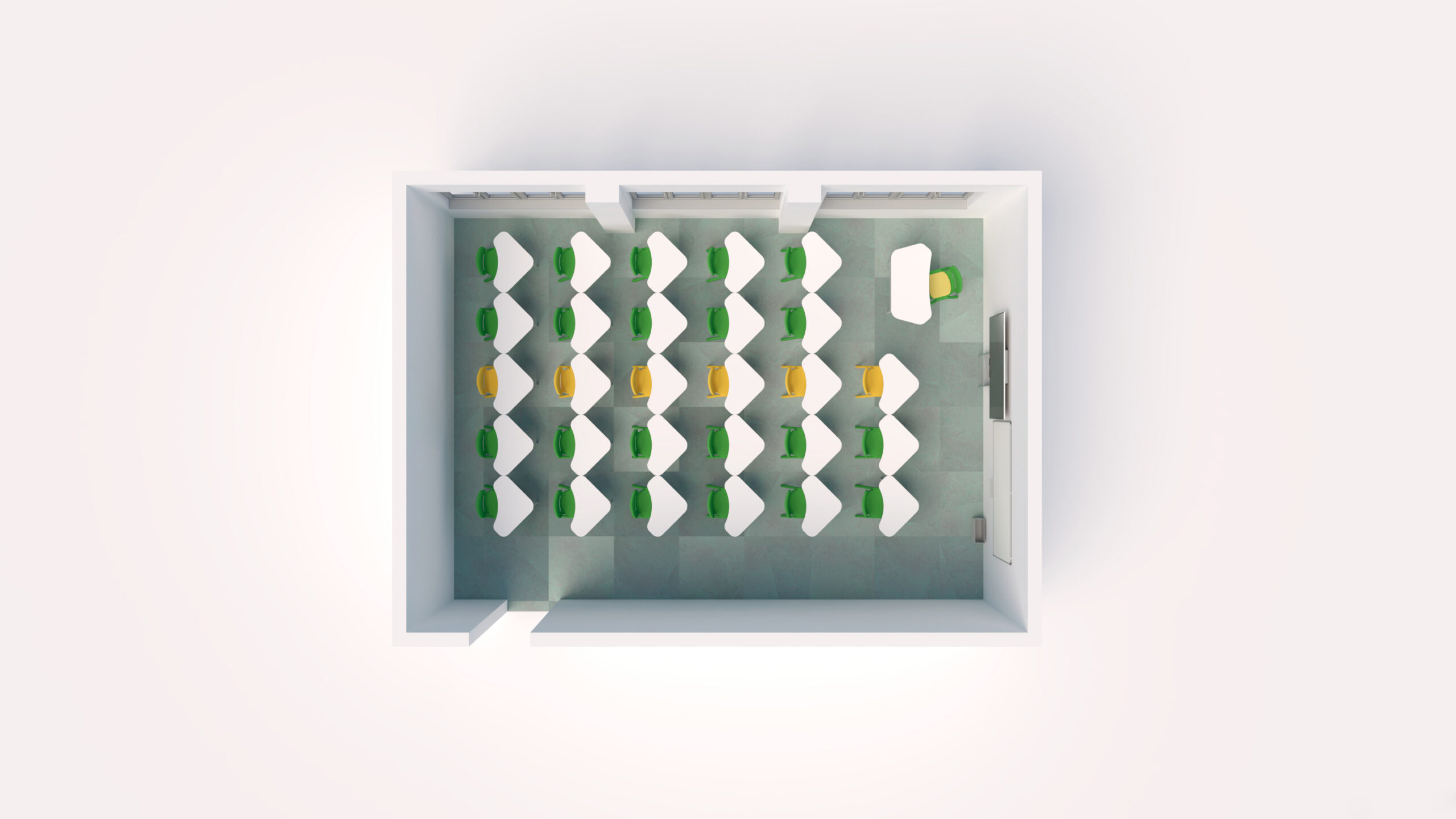 Vue de haut en bas d'une petite salle de classe avec cinq rangées de bureaux, dont certains avec des sièges orange et verts. Le bureau de l'enseignant se trouve à l'avant, face à un grand écran ou à un tableau - typique d'un environnement d'apprentissage Aula Mentor ou CEPA Ateca.
