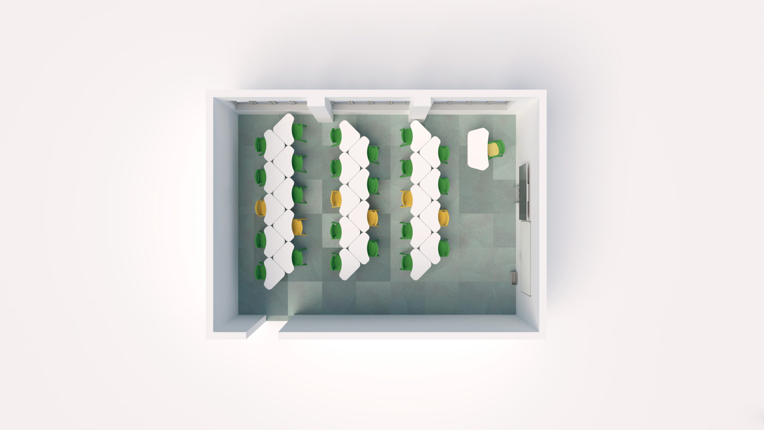 Vue de haut en bas d'une salle de classe Ateca moderne avec six rangées de bureaux hexagonaux blancs par paires, des chaises vertes et jaunes, un bureau d'enseignant à l'avant et un grand écran d'affichage - idéal pour les sessions de CESP ou d'Aula Mentor.