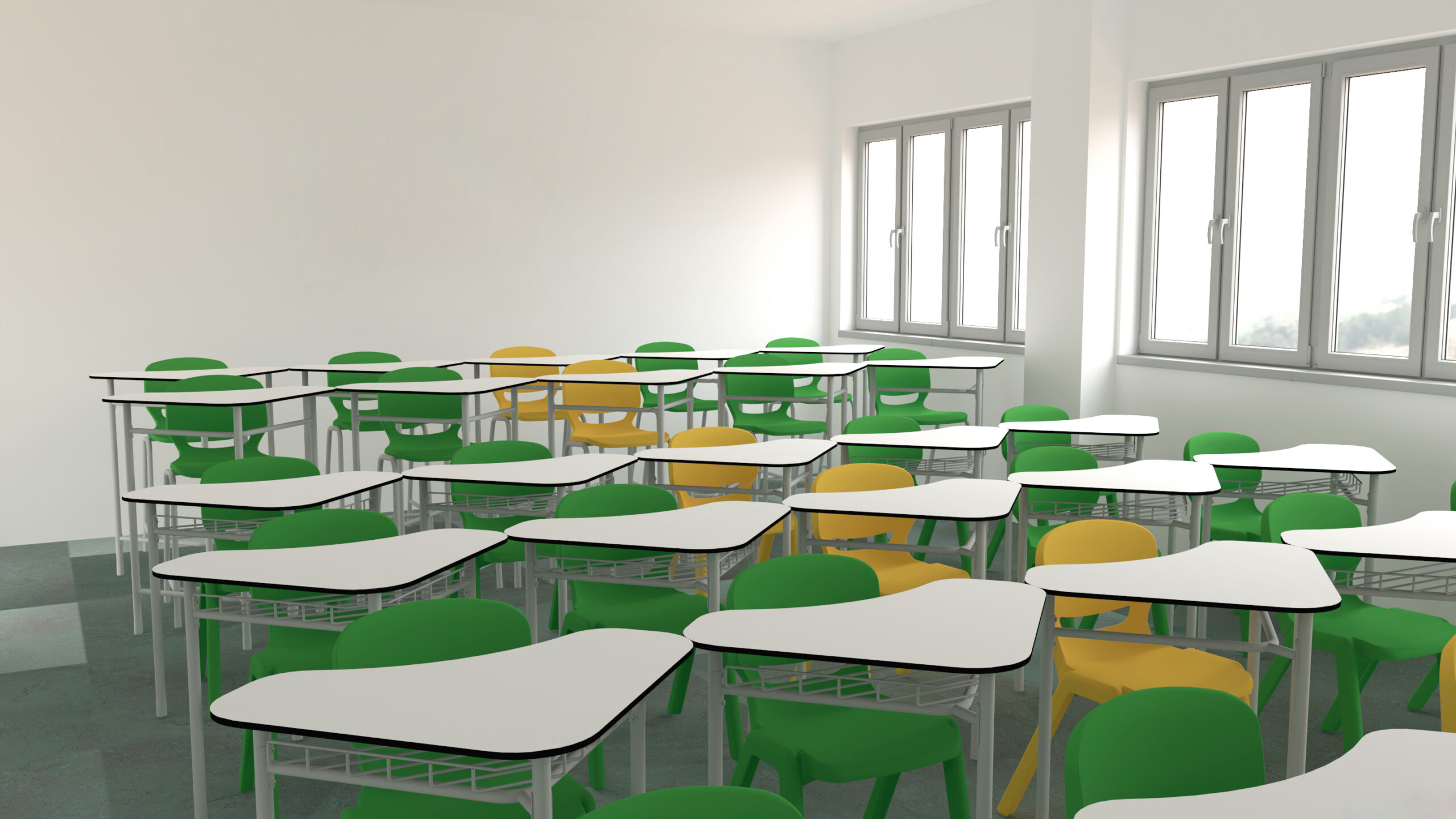 Une salle de classe lumineuse au CEPA avec des chaises vides vertes et jaunes, chacune associée à un bureau blanc et disposée en rangées. De grandes fenêtres sur le côté droit laissent entrer la lumière naturelle, créant un espace idéal pour les activités d'Aula Mentor ou d'Ateca.