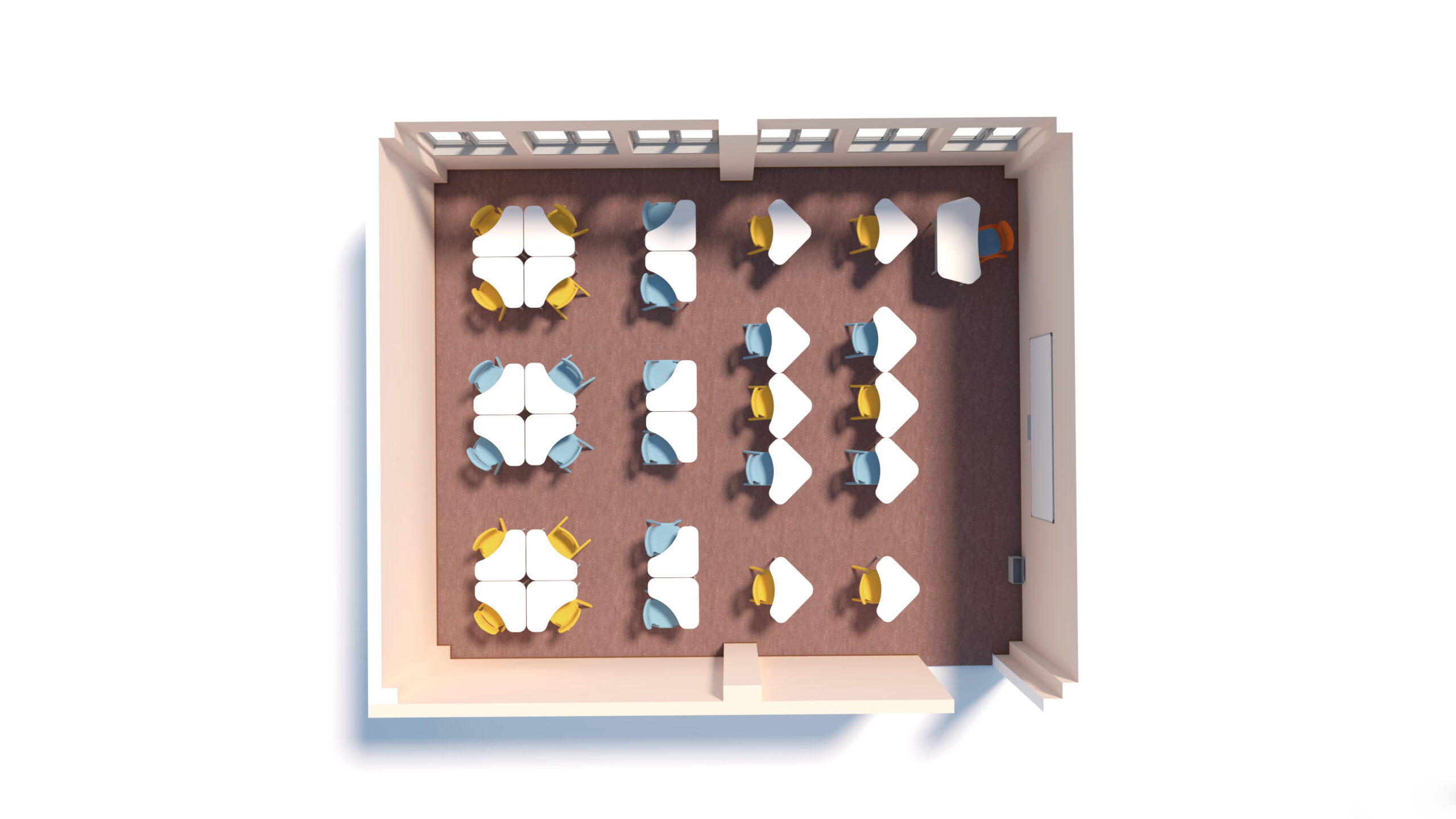 Vue de haut en bas d'une salle de classe, ressemblant à un espace Aula Mentor ou Ateca, avec des bureaux groupés et des chaises jaunes et bleues autour de tables blanches. Un bureau se trouve près du tableau blanc et de grandes fenêtres bordent le mur de la salle de classe CEPA.