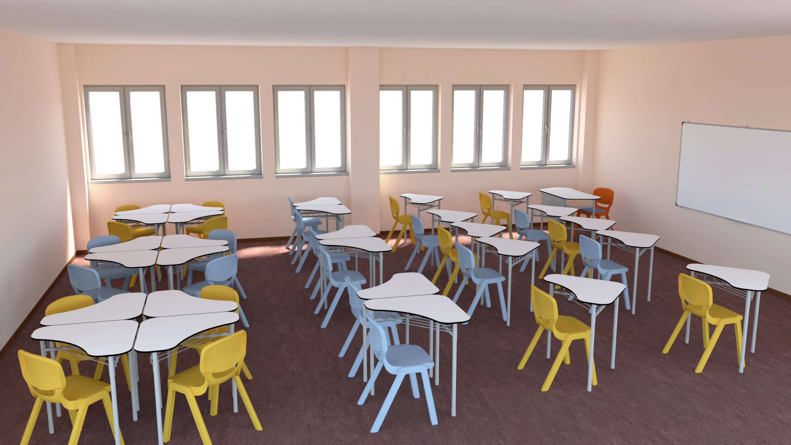 Une salle de classe moderne au CEPA avec des groupes de bureaux triangulaires et des chaises colorées disposées en petits groupes. De grandes fenêtres bordent l'un des murs, tandis qu'un tableau blanc Ateca se trouve à l'avant, créant un environnement inspirant pour l'Aula Mentor.