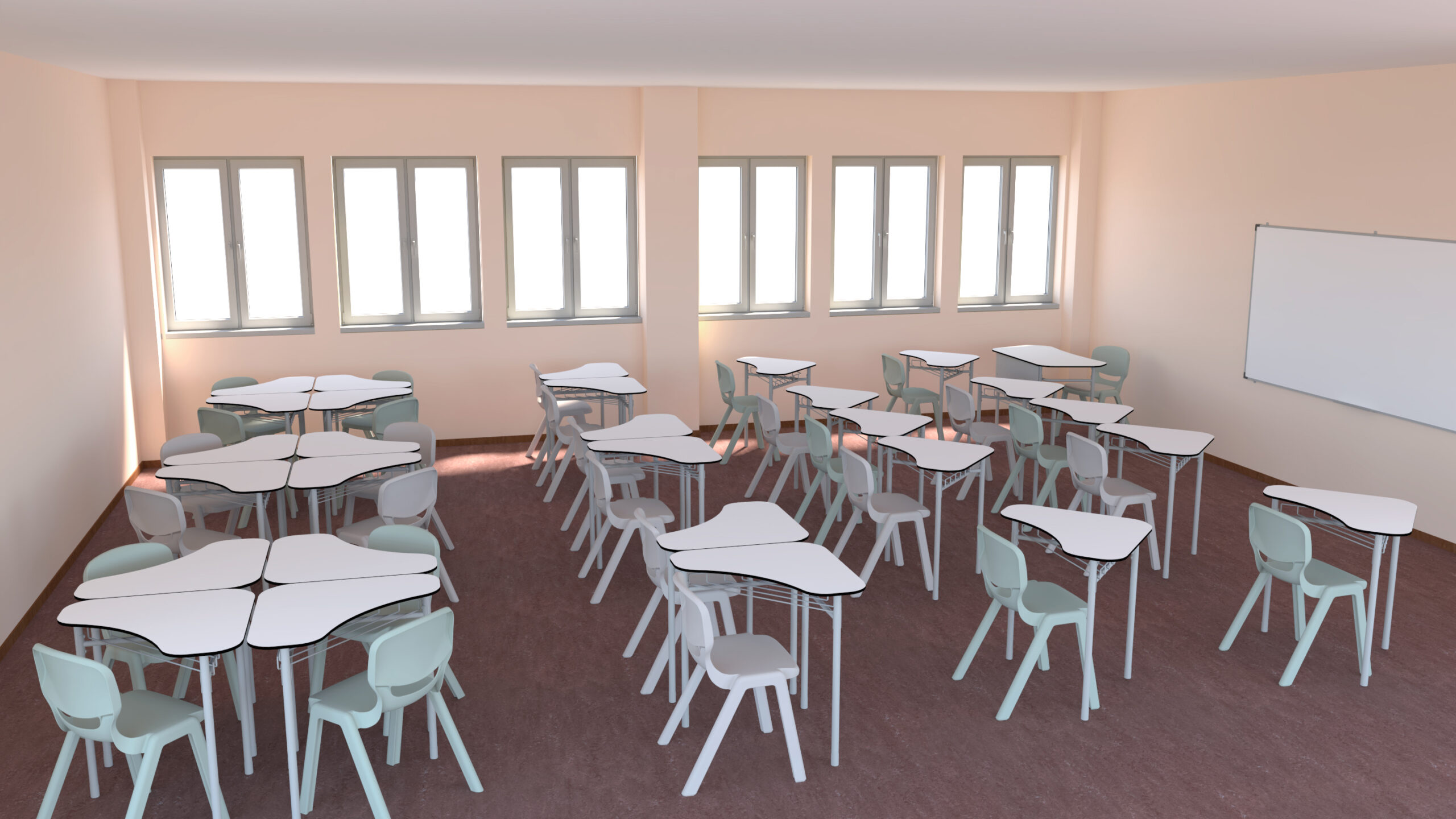 L'Aula Mentor moderne du CEPA comprend des tables triangulaires disposées en grappes, chacune avec des chaises de couleur claire. De grandes fenêtres bordent un mur et un tableau blanc se trouve sur un autre, créant un espace d'apprentissage vide et bien éclairé, idéal pour le travail collaboratif.