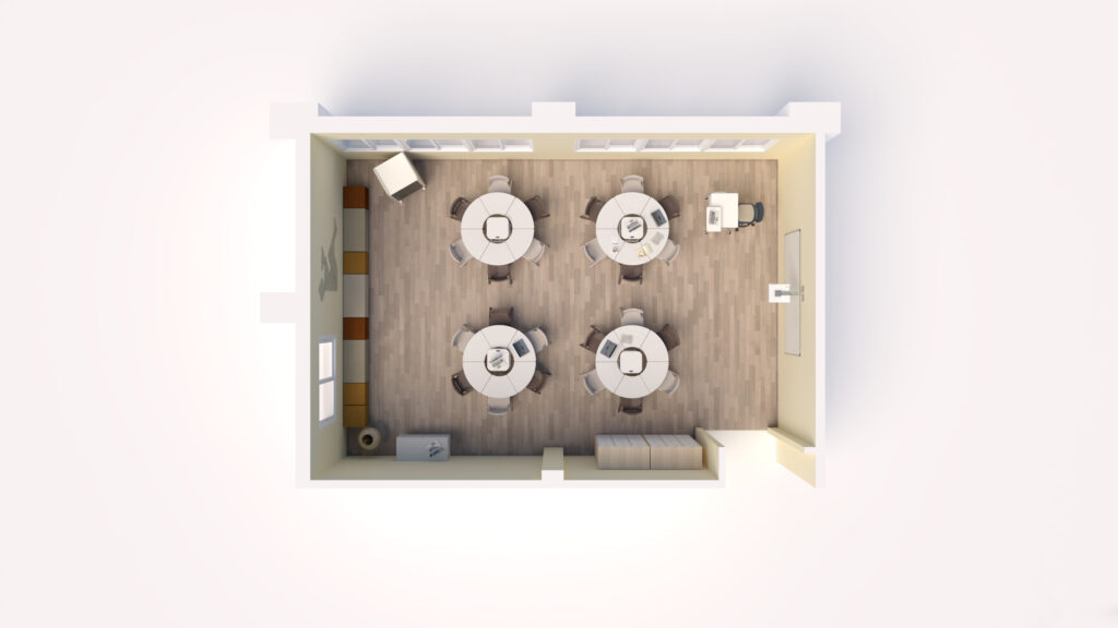 Vue de haut en bas d'une salle de classe Aula Mentor avec quatre tables rondes et des chaises. Des étagères bordent le mur de gauche, un bureau d'enseignant se trouve à l'avant et de grandes fenêtres éclairent cet espace d'apprentissage moderne de la CEPA.