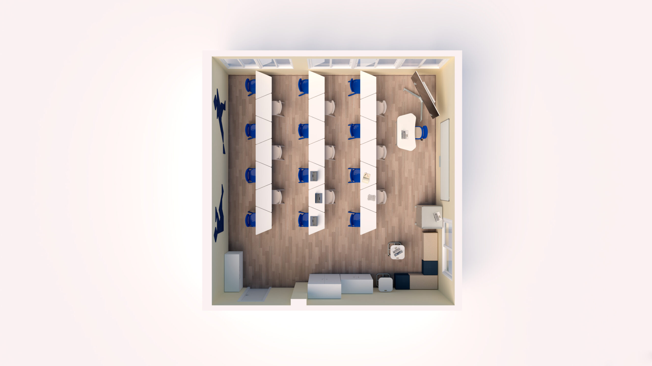 Vue de haut en bas d'une salle de classe CEPA avec des rangées de bureaux et de chaises bleues orientées vers l'avant, un bureau d'enseignant, un tableau blanc, des armoires et des fenêtres le long d'un mur - idéal pour les environnements d'apprentissage de l'Aula Mentor ou de l'Ateca.