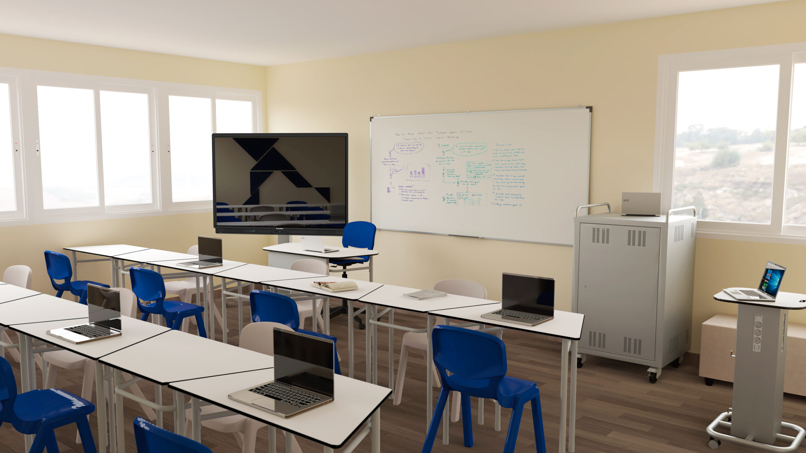 Une salle de classe Ateca moderne avec des chaises bleues, des bureaux blancs en rangées, plusieurs ordinateurs portables ouverts, un grand écran numérique et un tableau blanc rempli de notes colorées. La lumière du soleil pénètre par de larges fenêtres, créant un espace d'apprentissage CEPA inspirant.