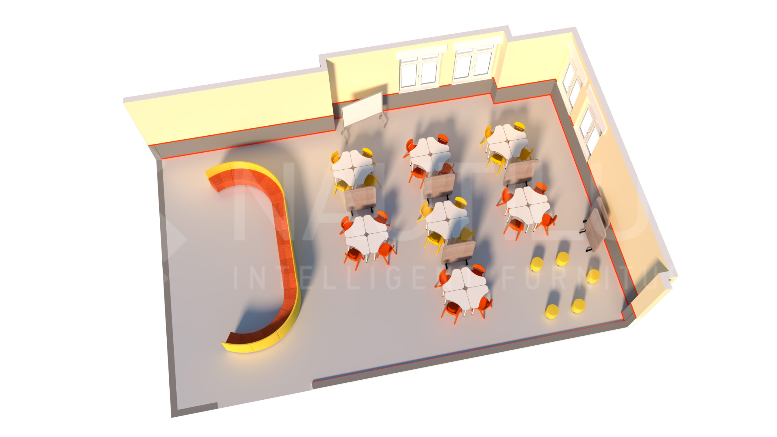 Une salle Ateca en 3D avec six tables et chaises rondes, un banc jaune et rouge incurvé et des tabourets jaunes le long des murs. L'espace comporte des fenêtres sur deux côtés et des murs de couleur neutre, idéal pour les activités de CEPA ou d'Aula Mentor.