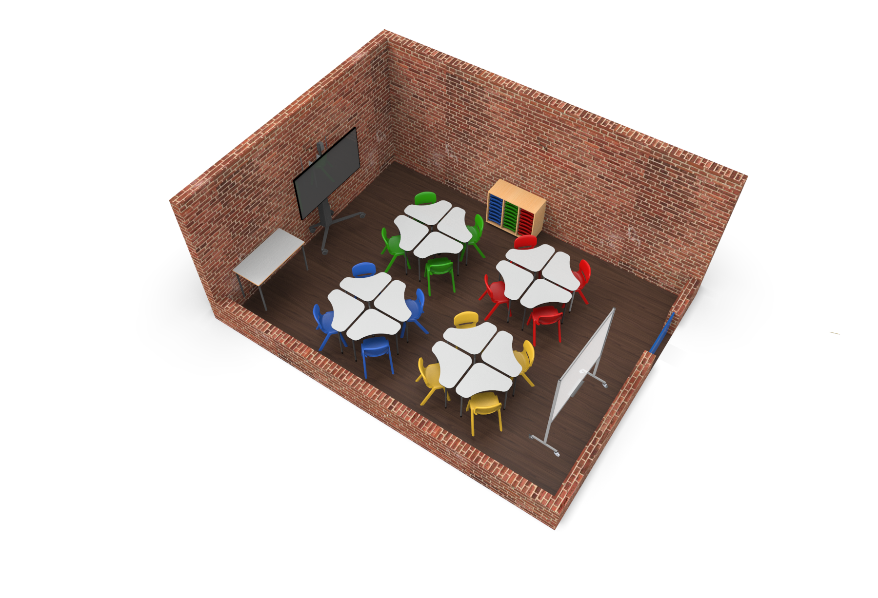 Vue 3D d'une salle de classe Aula Mentor au CEPA avec des murs en briques, trois tables rondes entourées chacune de quatre chaises colorées, un tableau blanc, une télévision sur pied, un bureau d'enseignant et une étagère avec des bacs colorés.