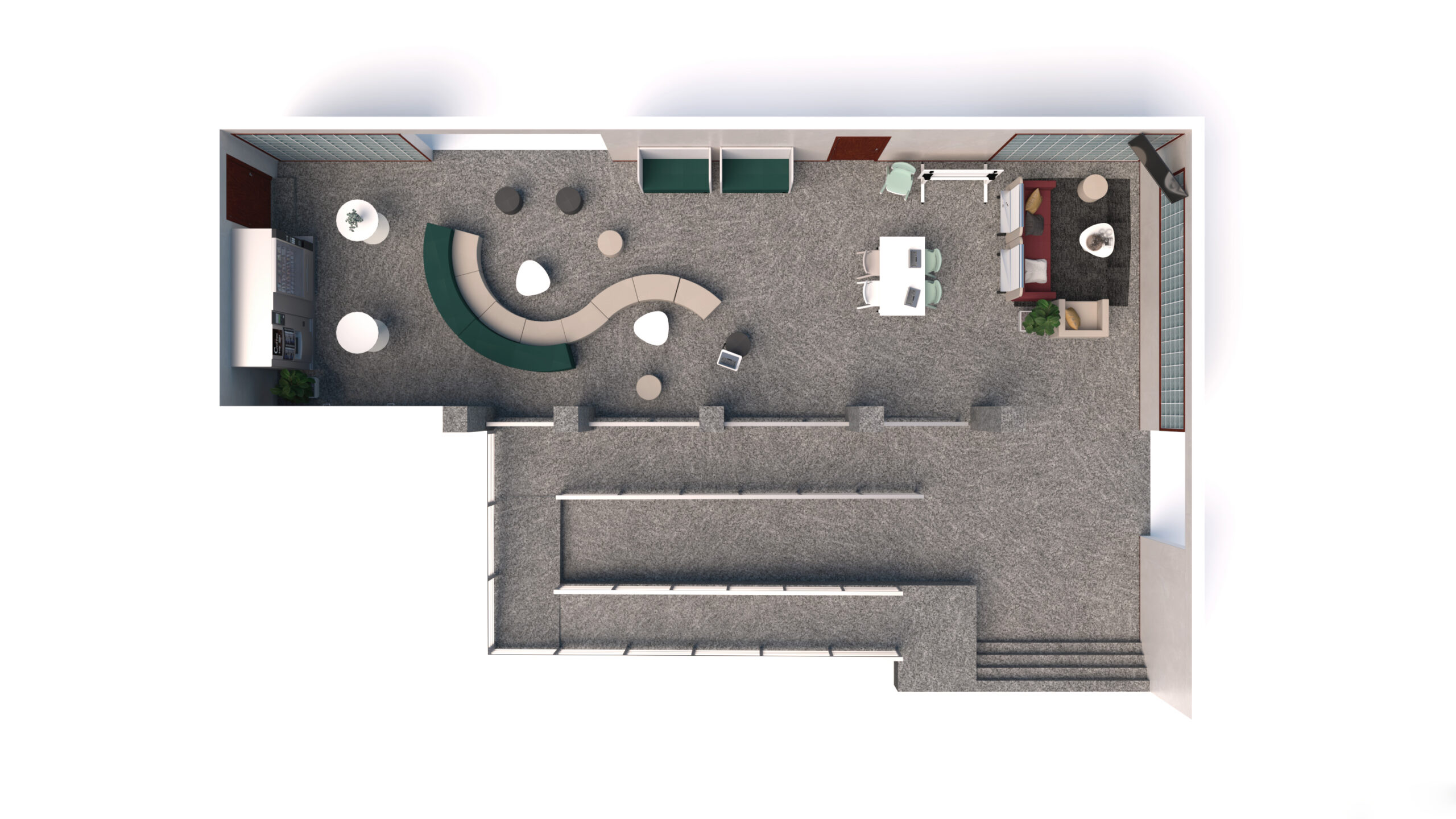 Vue de haut en bas d'un espace de bureau moderne comprenant des espaces informels avec des sièges incurvés, des tables rondes, un coin salon avec des canapés, des postes de travail, des plantes et un escalier menant au niveau inférieur. Les couleurs neutres et l'agencement ouvert créent une atmosphère accueillante.