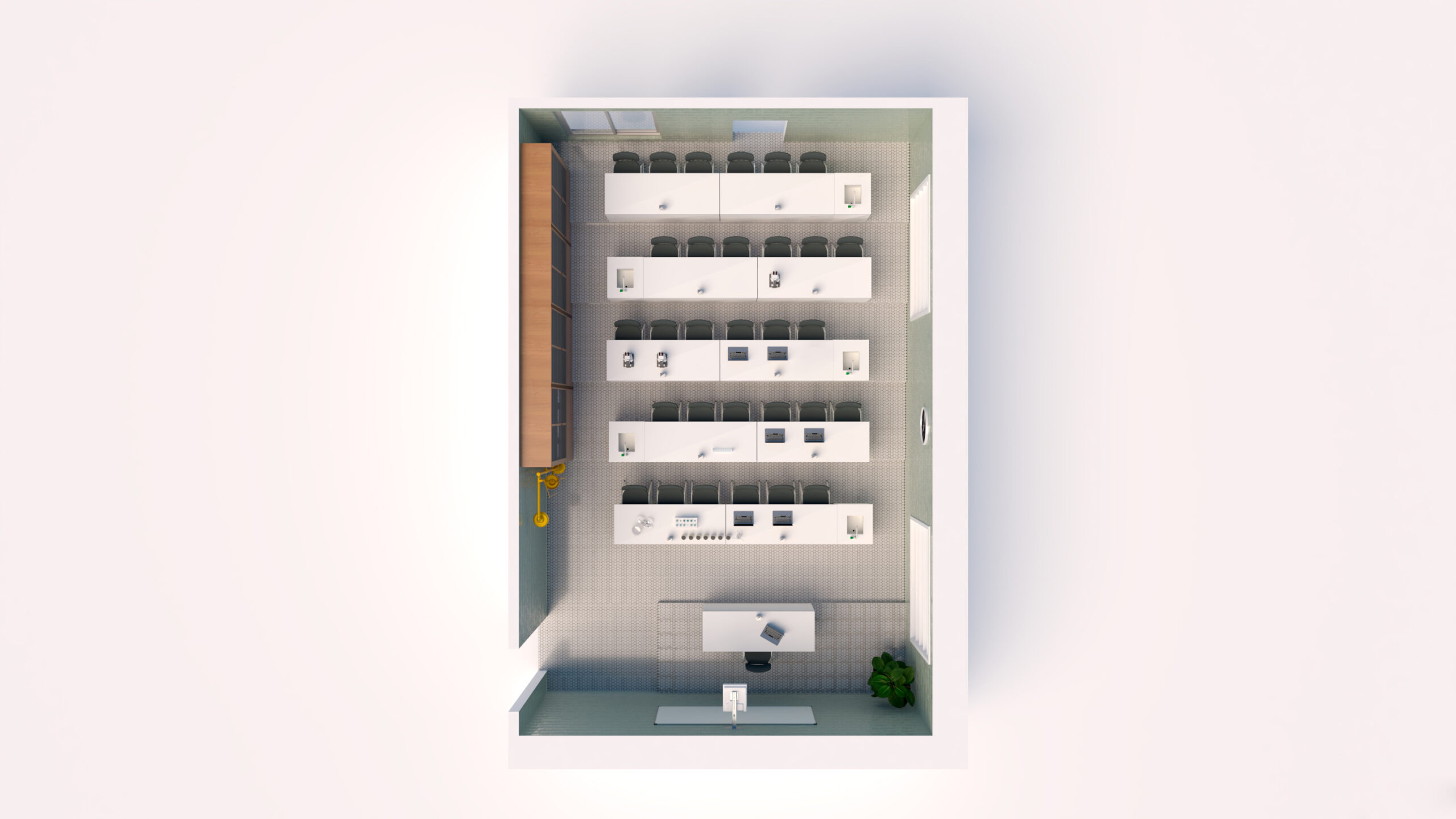 Vue de haut d'un bureau moderne des Laboratoires avec quatre rangées de bureaux et de chaises, chaque bureau étant équipé d'un ordinateur. Il y a un grand bureau à l'avant, un porte-manteau, des armoires de rangement sur le mur de gauche et une plante dans le coin inférieur droit.