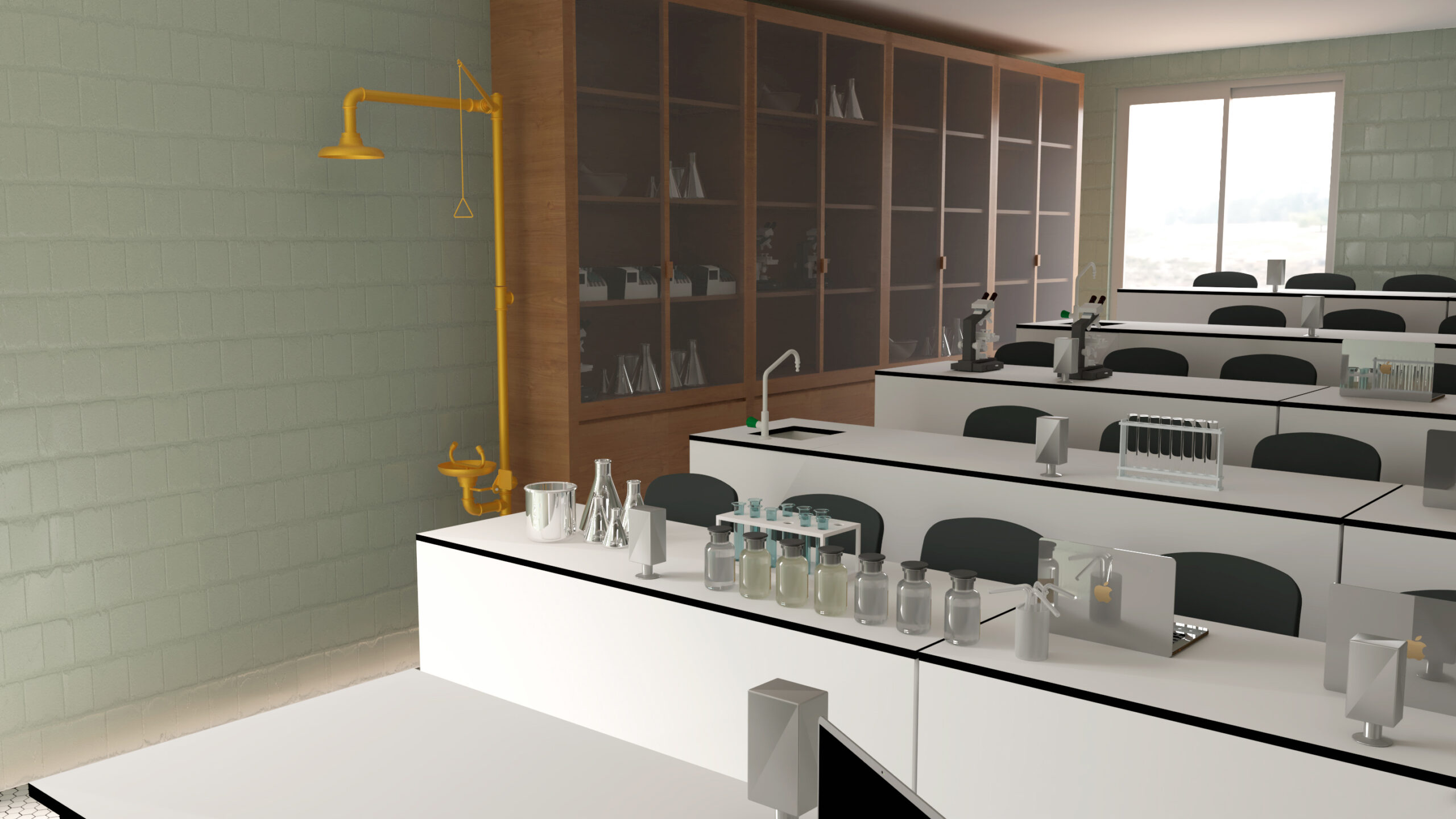 Un laboratoire scientifique moderne, ou laboratoires, avec des rangées de tables blanches contenant de la verrerie, des tubes à essai, des béchers et des éviers. Des équipements de sécurité, tels qu'une douche d'urgence et une douche oculaire, se trouvent sur le mur de gauche. De grandes étagères bordent le mur du fond.