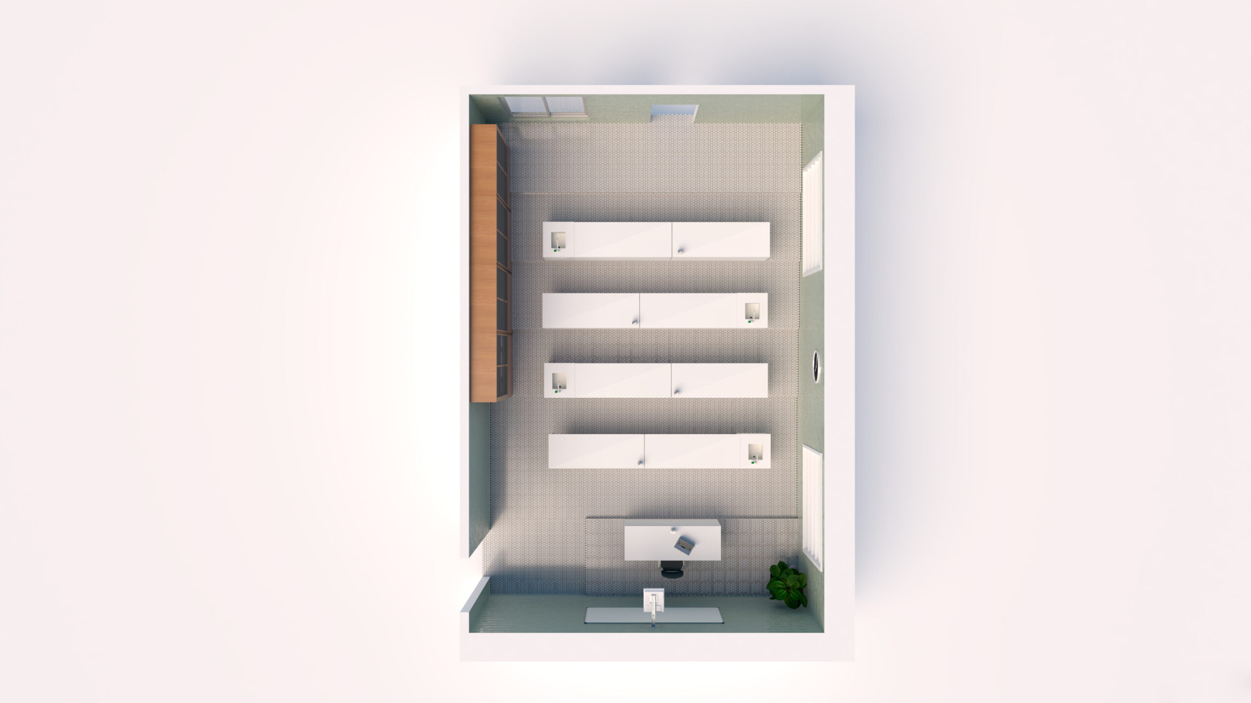 Une vue de haut en bas d'un bureau rectangulaire évoque l'organisation des laboratoires modernes, avec trois rangées de bureaux au centre, des armoires de rangement sur le mur de gauche, et un seul bureau avec une chaise et un ordinateur près de l'entrée.