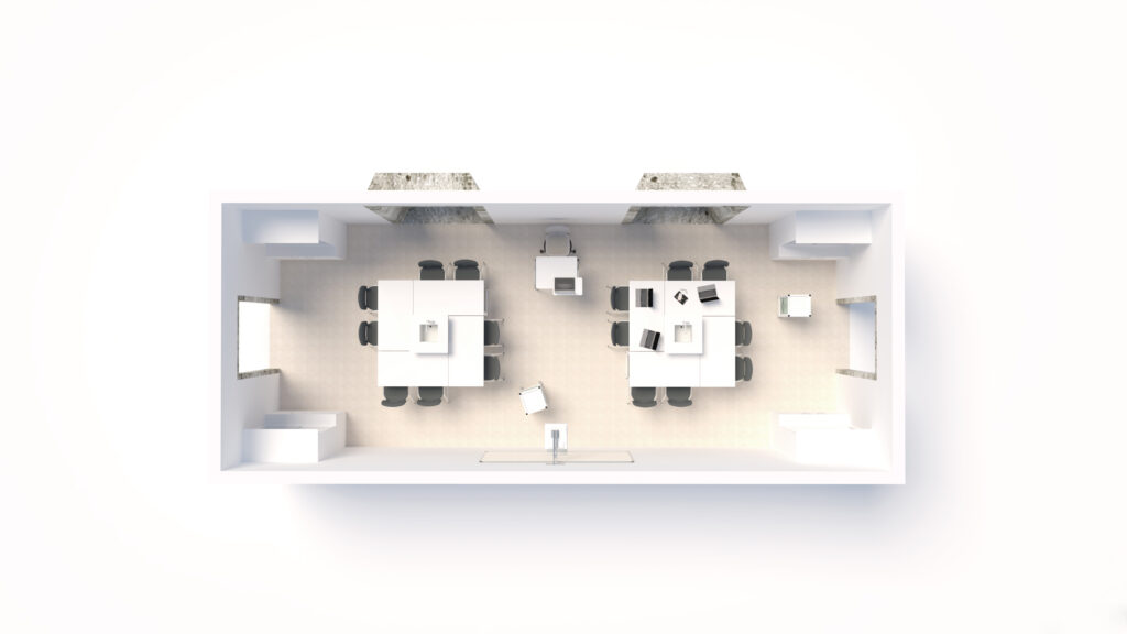 Vue de haut en bas d'un bureau moderne avec deux groupes de bureaux centraux, plusieurs chaises et des espaces informels comme des tables d'appoint, le tout dans une pièce blanche et minimaliste avec de grandes fenêtres.