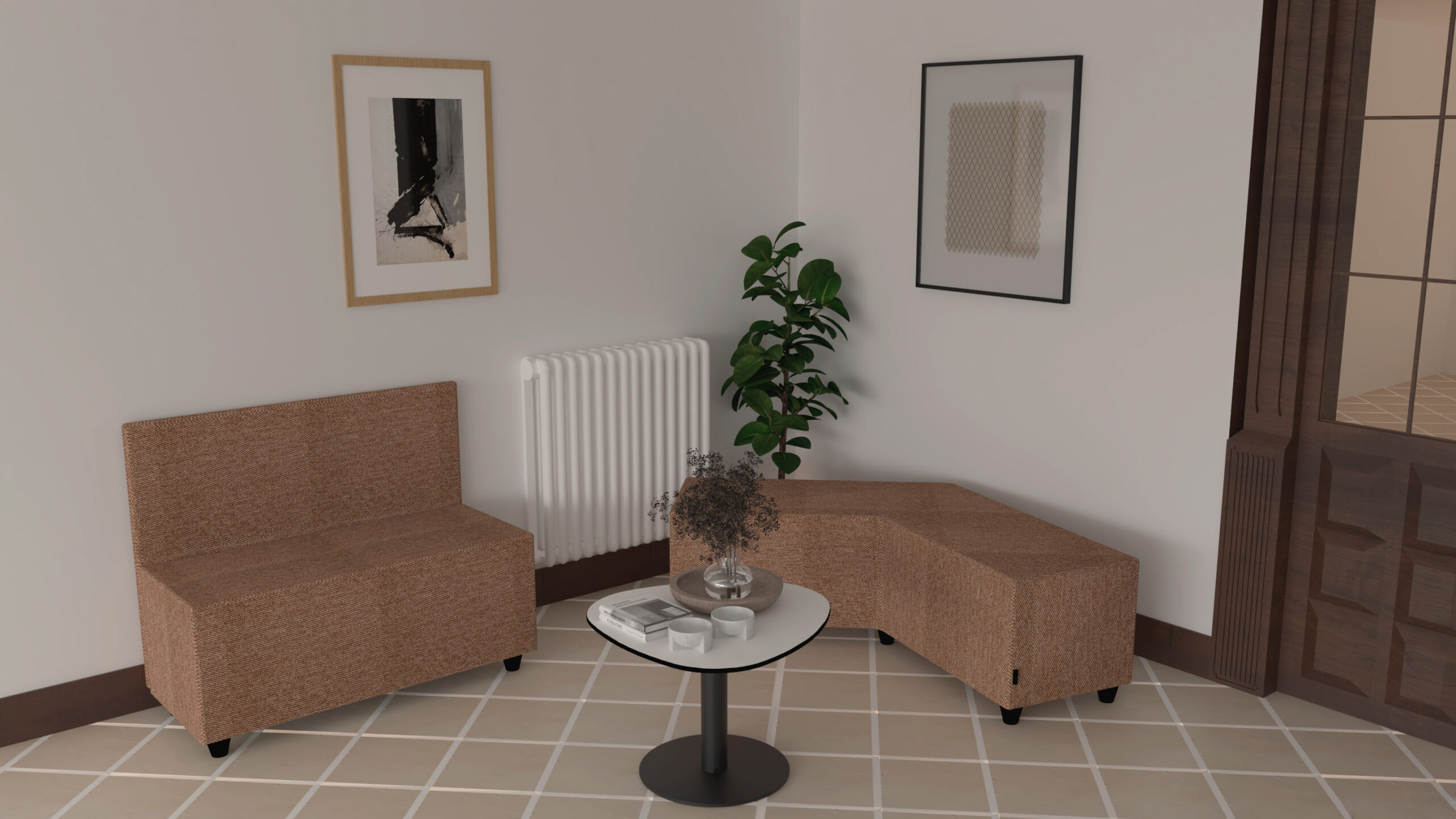 Un coin salon moderne conçu pour les espaces informels, comprenant deux chaises brunes rembourrées, une petite table ronde avec un vase de fleurs séchées, des œuvres d'art encadrées sur des murs blancs, une plante en pot et un radiateur, le tout posé sur un sol carrelé.