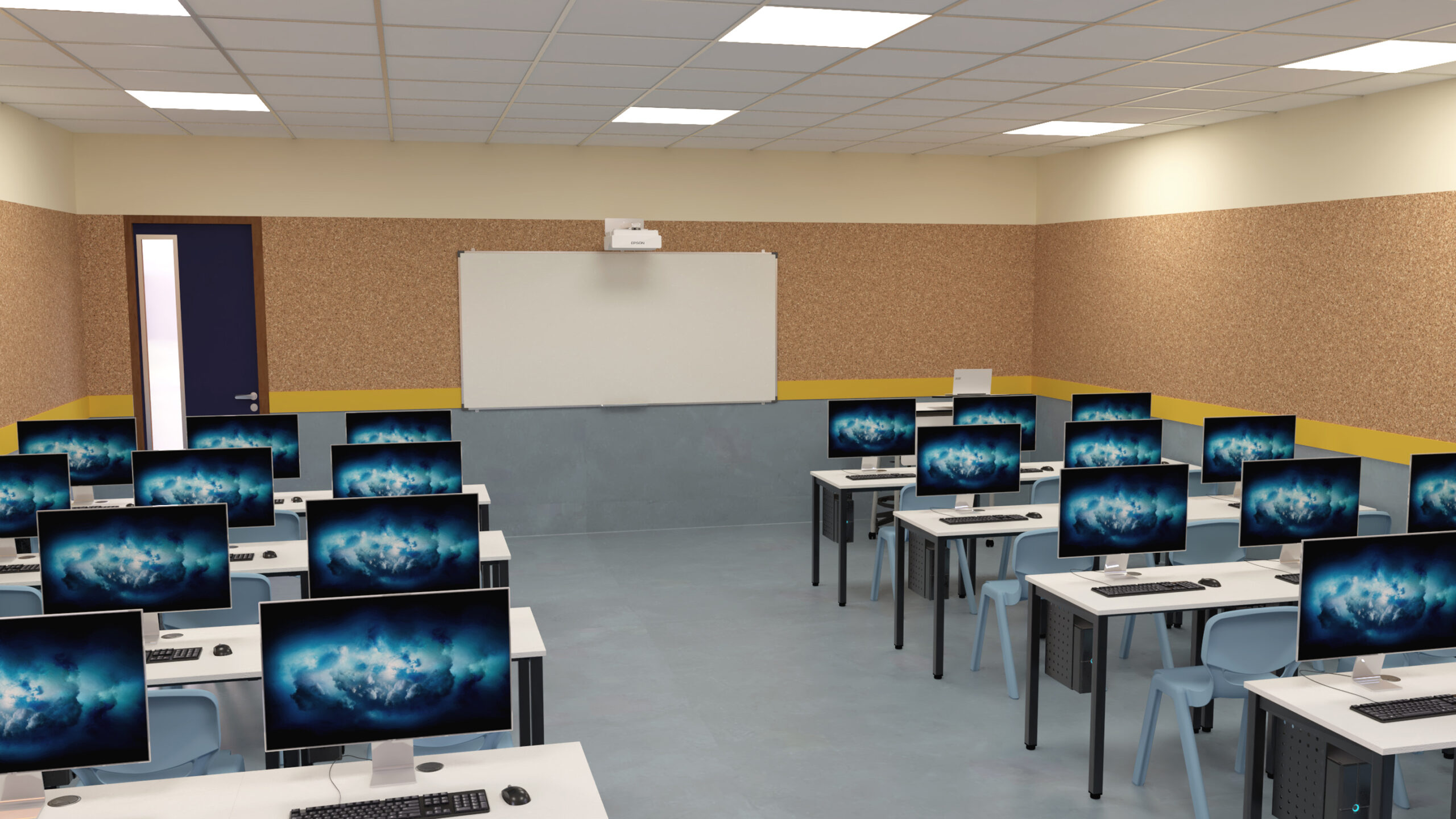 Une salle de classe moderne avec des rangées de bureaux, chacun équipé d'un ordinateur de bureau et d'un écran affichant une image de galaxie bleue. Un tableau blanc et un projecteur se trouvent à l'avant, avec une porte fermée sur le mur de gauche.