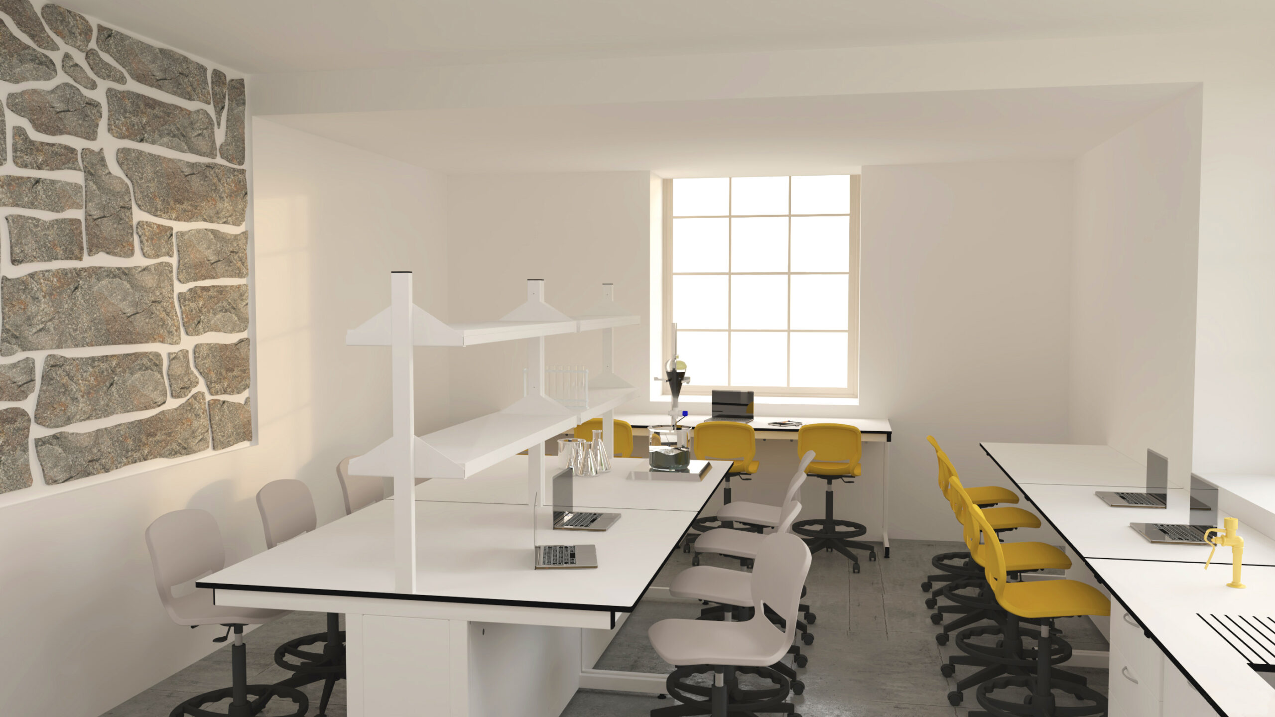 Un laboratoire moderne et lumineux, inspiré des Top Laboratoires, présente des murs et des plans de travail blancs, des chaises jaunes, des étagères ouvertes, du matériel de laboratoire et une grande fenêtre qui remplit l'espace de lumière naturelle. Un mur est décoré de pierres apparentes.