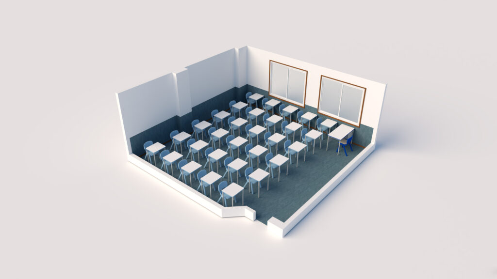 Rendu 3D d'une salle de classe avec des rangées de bureaux et de chaises individuels faisant face à un bureau d'enseignant à l'avant. La salle, conçue pour une école numérique, a deux grandes fenêtres, un sol bleu, des murs blancs et aucune décoration.