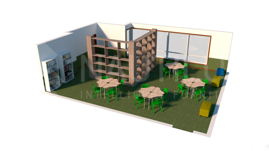 Rendu 3D d'une salle de classe ou d'une bibliothèque avec des chaises vertes, des tables hexagonales, des étagères, une cloison avec des cubes de rangement, une bibliothèque et des cubes de sièges près d'une grande fenêtre.