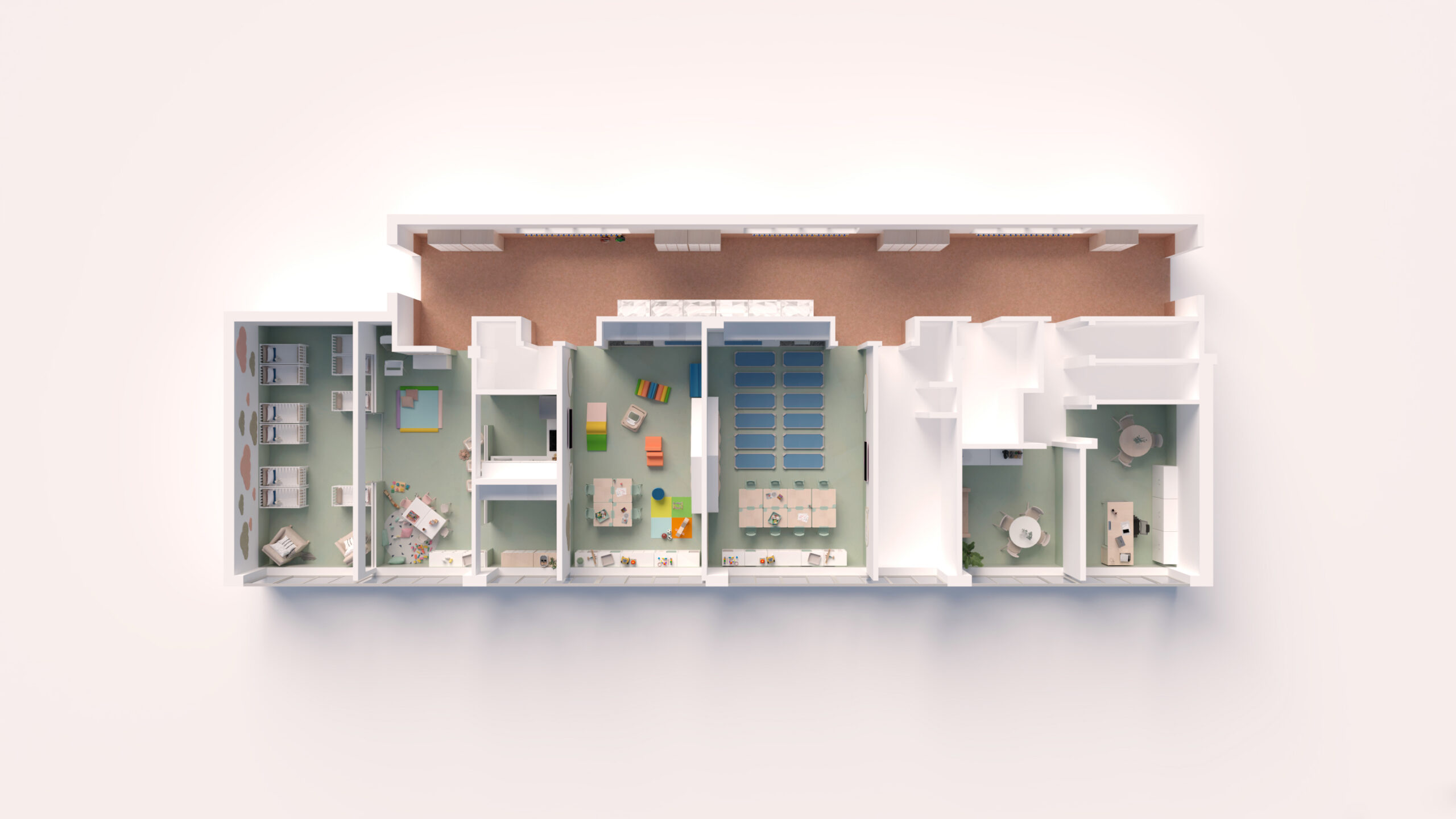 Vue de haut en bas d'un plan de bureau comprenant plusieurs pièces, dont des espaces de travail ouverts, des bureaux individuels, un salon avec des sièges colorés, des tables de réunion et un couloir le long de la partie supérieure.