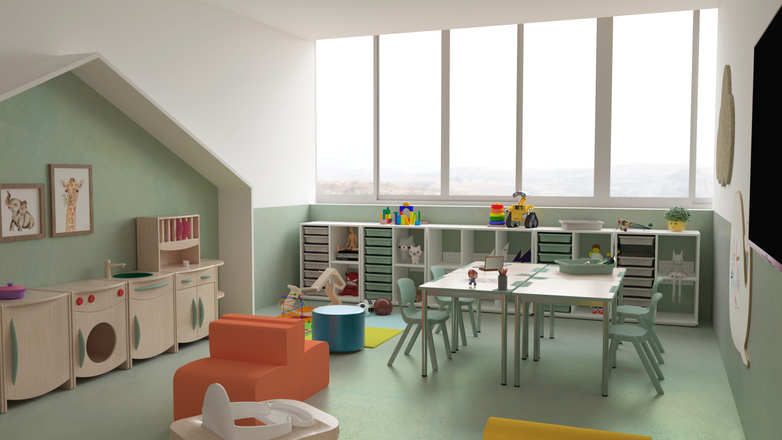 Une salle de classe moderne et lumineuse avec de grandes fenêtres, des tables et des chaises de la taille d'un enfant, des jouets colorés, une cuisine ludique et des dessins muraux d'animaux enjoués. Des étagères de rangement contiennent des livres et des fournitures, créant ainsi un espace joyeux et organisé pour les enfants.