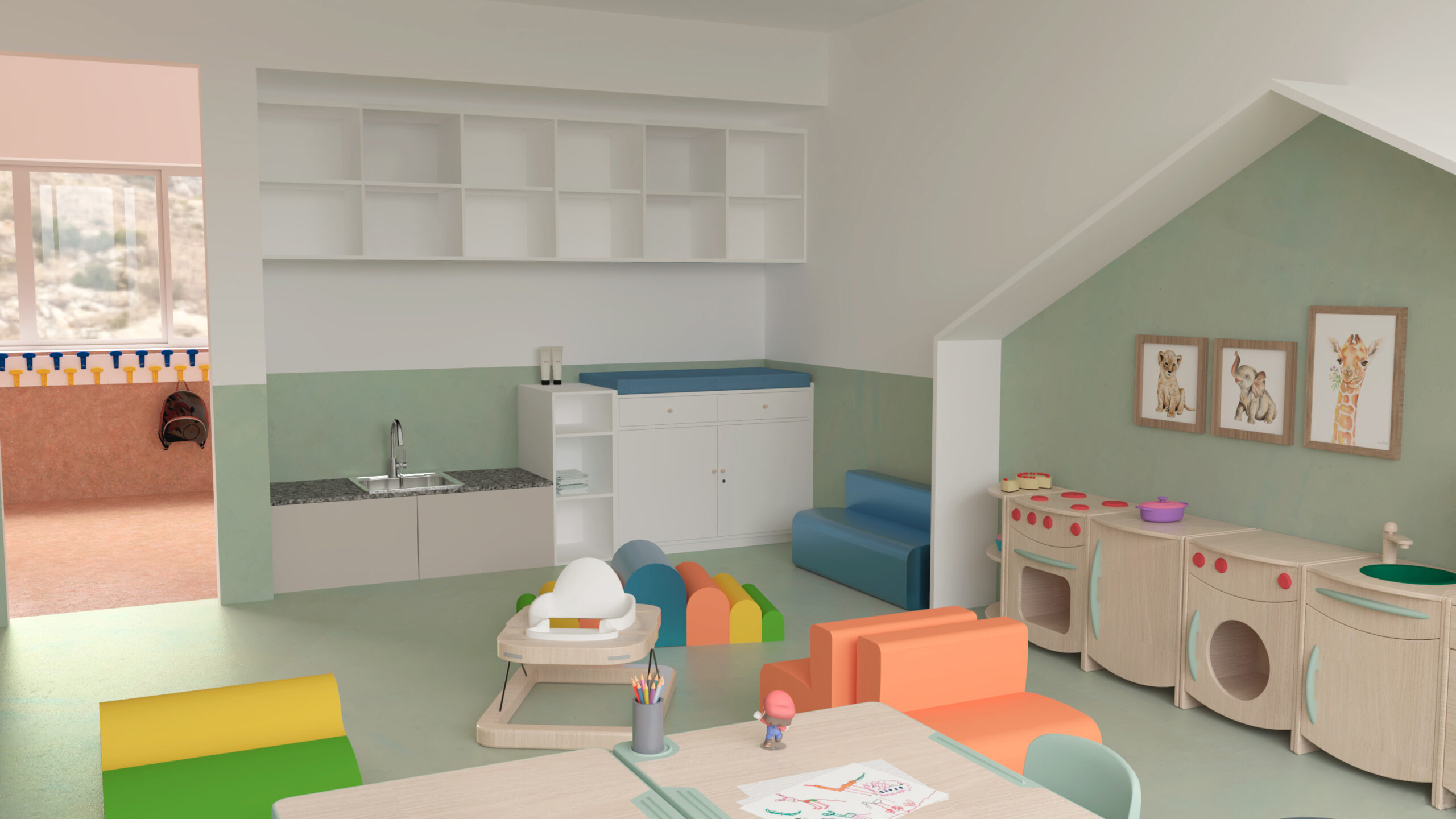 Une salle de jeux moderne et lumineuse avec des meubles pastel, une cuisine de jouets, un évier de jeu, des fournitures artistiques sur une table, des sièges moelleux colorés et des étagères murales. Deux photos d'animaux encadrées sont accrochées au mur. Une fenêtre révèle une autre pièce.
