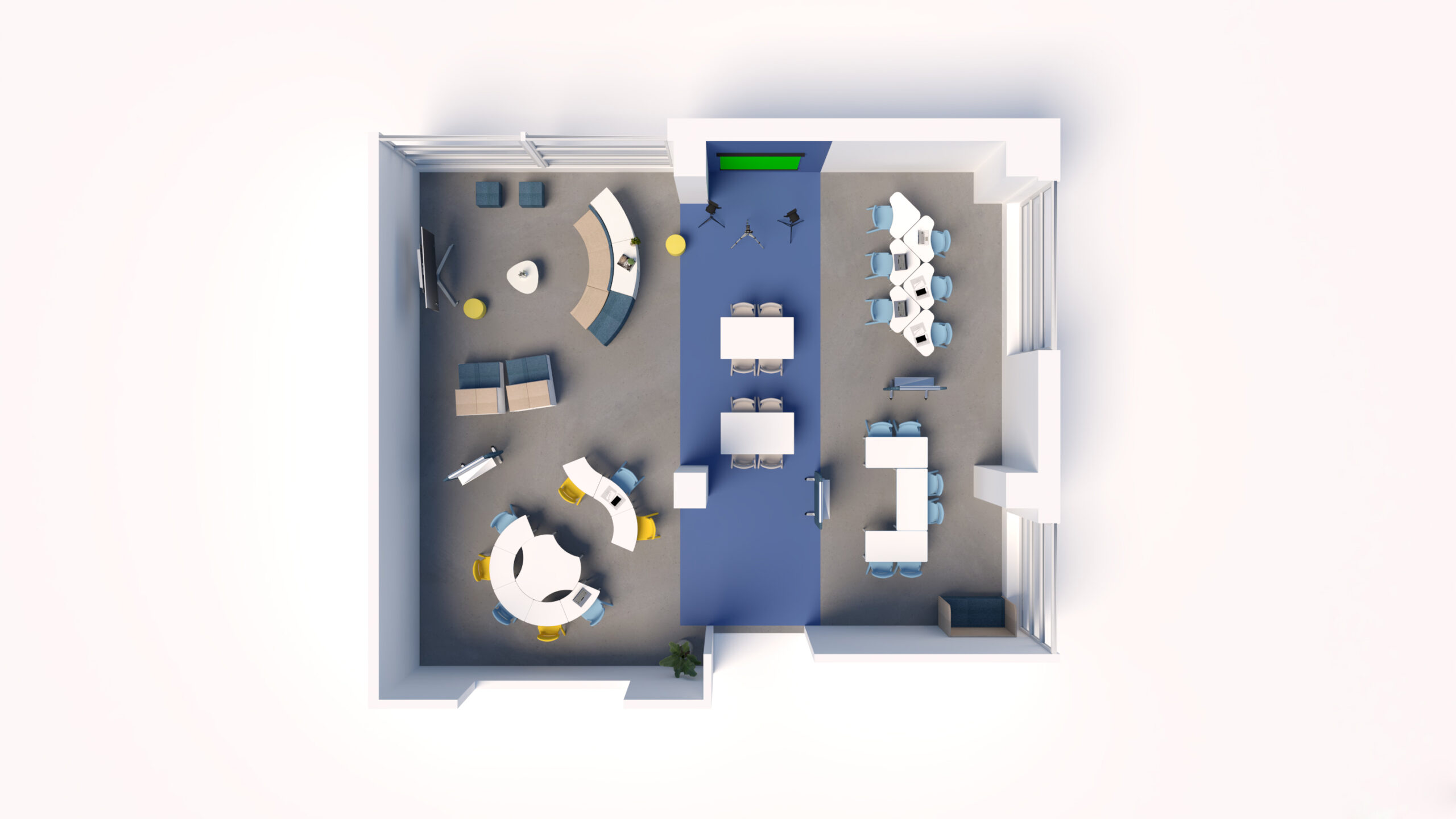 Vue de haut en bas d'un aménagement de bureau comprenant des espaces de travail collaboratif Ateca, des tables rondes et rectangulaires, des sièges de salon et un espace de conférence sur la droite. Une moquette bleue traverse le centre et des fenêtres bordent l'un des côtés. Idéal pour les sessions de mentorat de l'Aula.