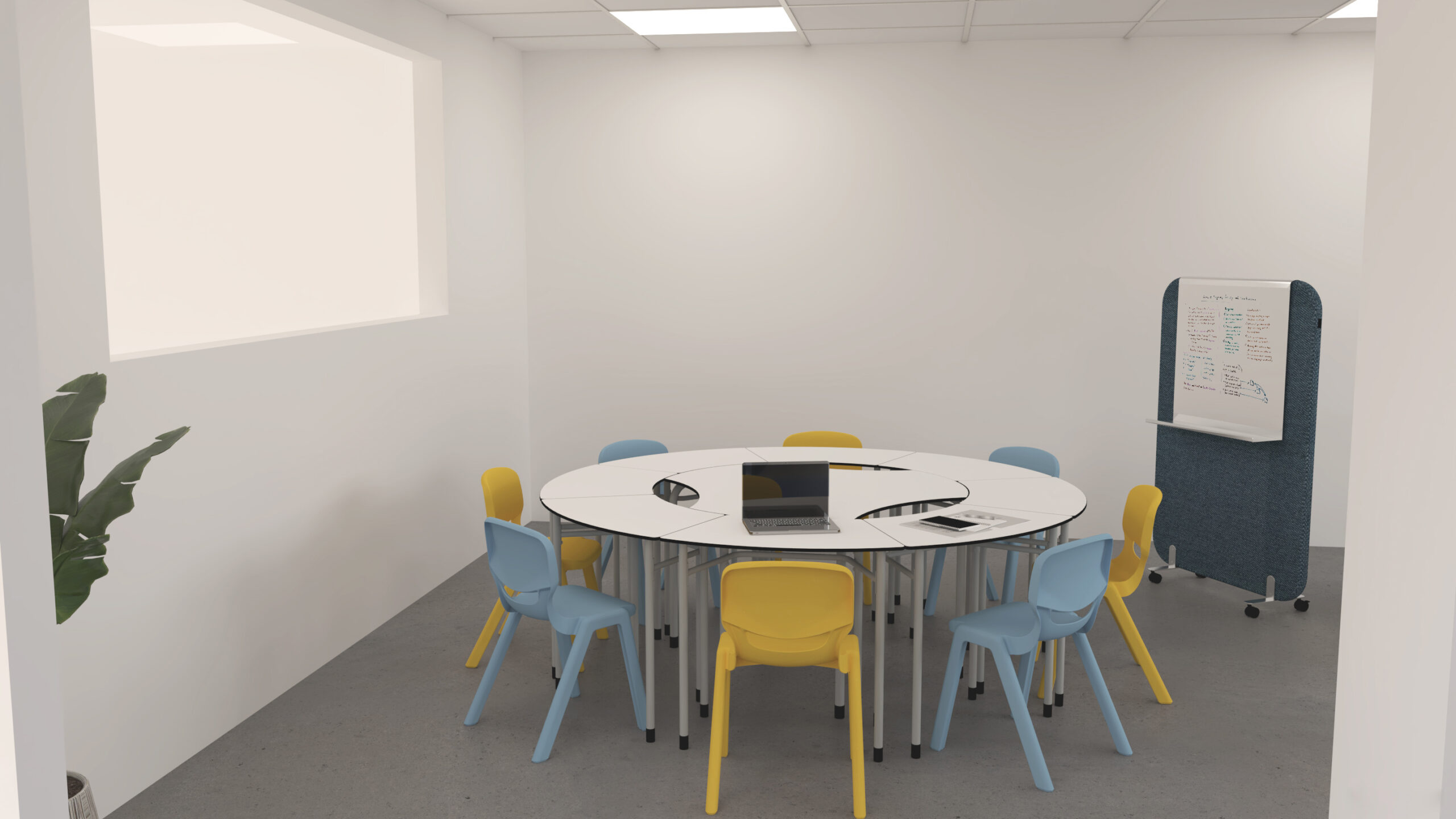 Une petite salle de réunion au CEPA avec des murs blancs, une table ronde composée de quatre segments, des chaises colorées bleues et jaunes, un ordinateur portable et des documents sur la table, une plante dans le coin et un tableau blanc mobile avec des notes Ateca.