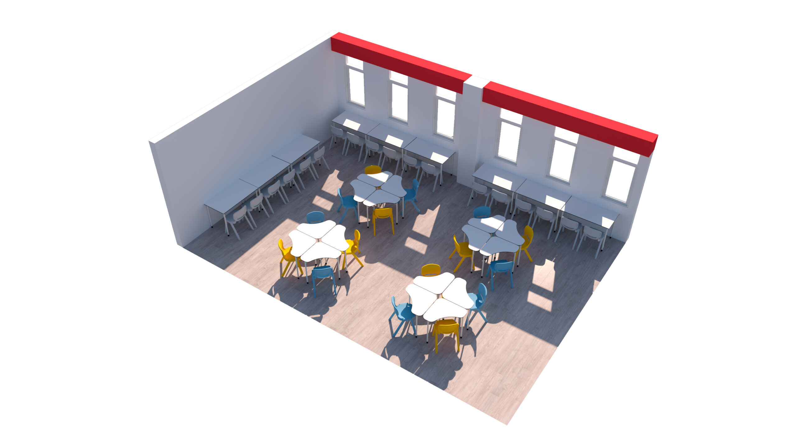 Une salle de classe Aula Mentor moderne et lumineuse au CEPA Ateca comprend quatre tables hexagonales avec des chaises colorées. Les bureaux sont alignés le long de deux murs vitrés ensoleillés, remplissant l'espace de lumière naturelle et d'une atmosphère d'apprentissage dynamique.
