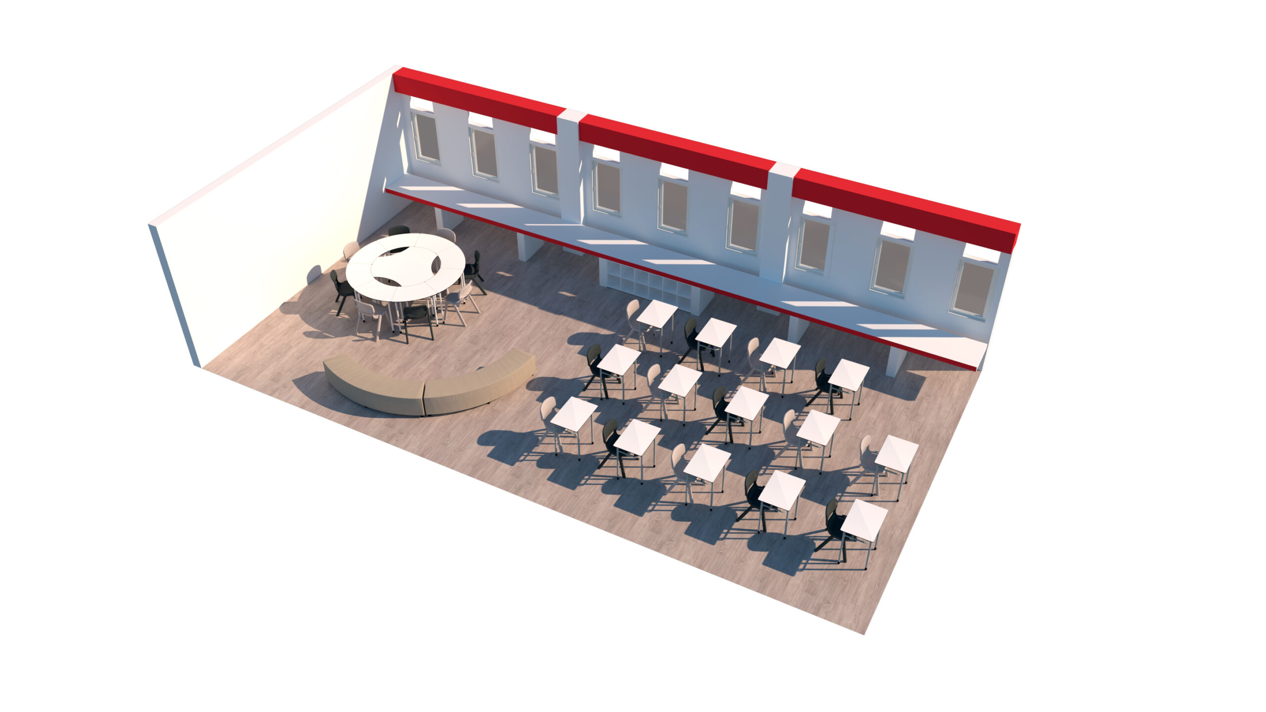 Rendu 3D d'une salle de classe Aula Mentor avec des rangées de bureaux et de chaises, une table en forme de croissant et une table ronde dans le coin. La salle est dotée de grandes fenêtres le long d'un mur et d'un sol en bois.