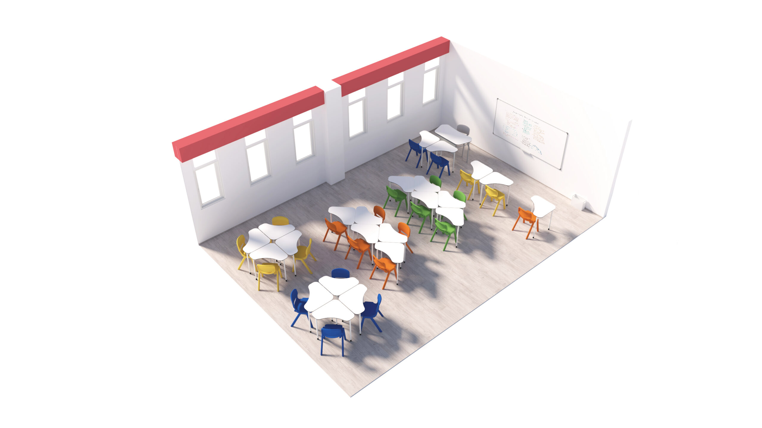Une salle de classe avec des groupes de tables hexagonales et des chaises colorées disposées en groupes, face à un tableau blanc sur un mur, reflète l'environnement d'une école numérique où l'apprentissage est facilité par la technologie. Trois fenêtres bordent un autre mur.