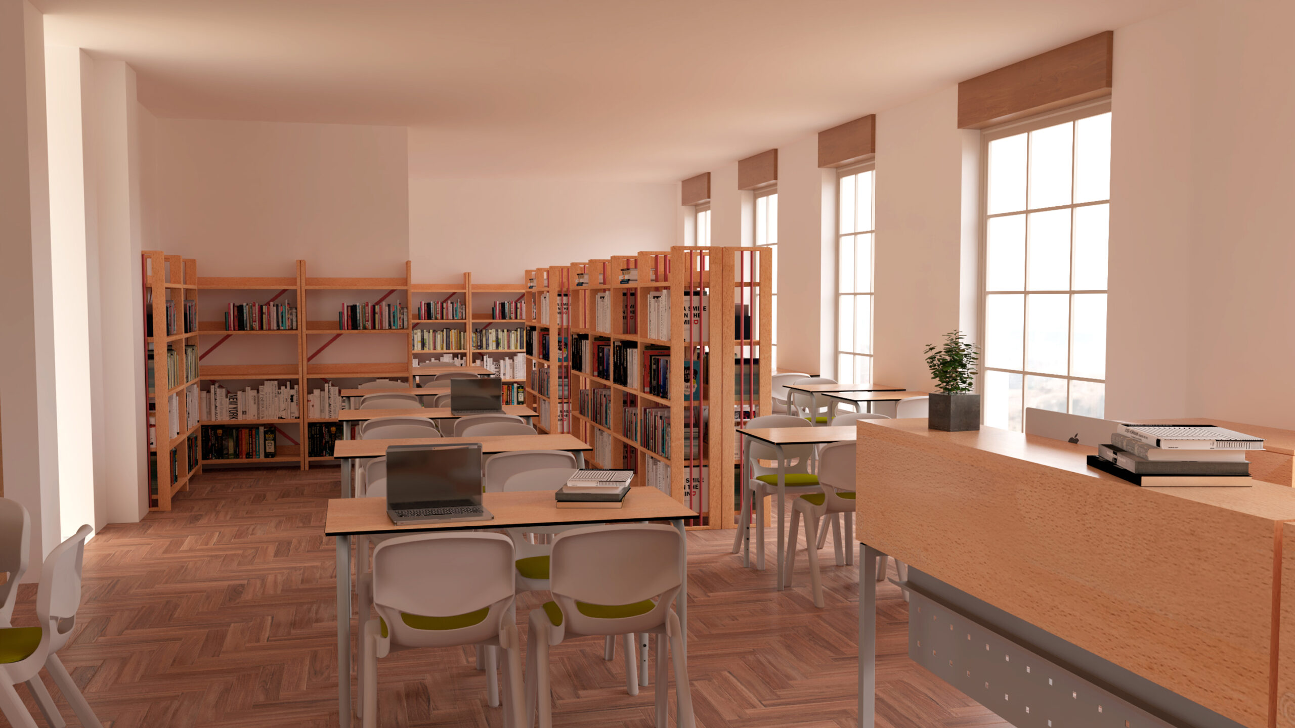 Une salle de bibliothèque lumineuse avec des étagères en bois remplies de livres, plusieurs tables et chaises, et des ordinateurs portables sur les bureaux. De grandes fenêtres laissent entrer la lumière naturelle et une plante en pot est posée sur un comptoir au premier plan.