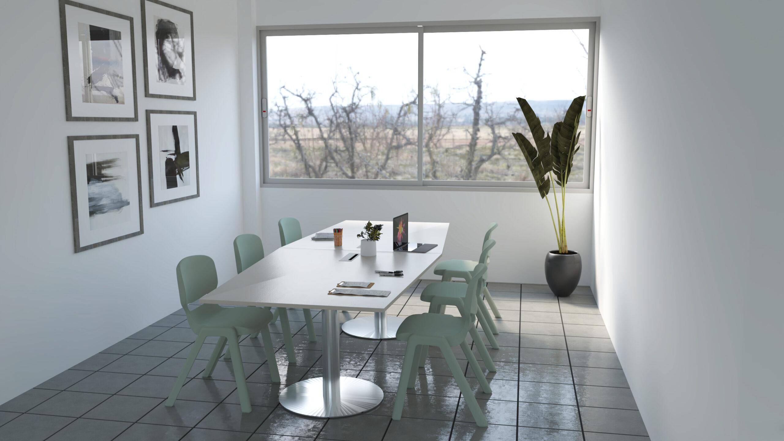 Une salle des enseignants moderne avec une longue table blanche, huit chaises vert menthe, des ordinateurs portables, des cahiers, une plante en pot dans un coin, un sol carrelé, une grande fenêtre avec vue sur un arbre et des œuvres d'art encadrées au mur.