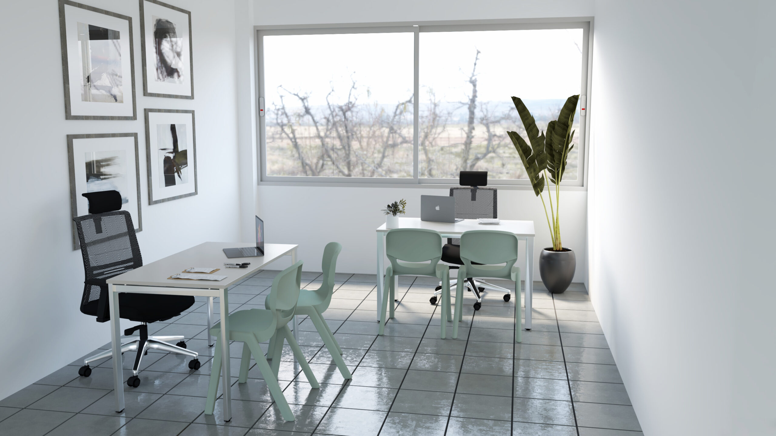 Une salle des enseignants moderne et minimaliste avec deux bureaux, trois chaises vert clair, une chaise de bureau noire, des ordinateurs portables, des œuvres d'art encadrées au mur, une grande plante et une fenêtre laissant entrer la lumière naturelle.