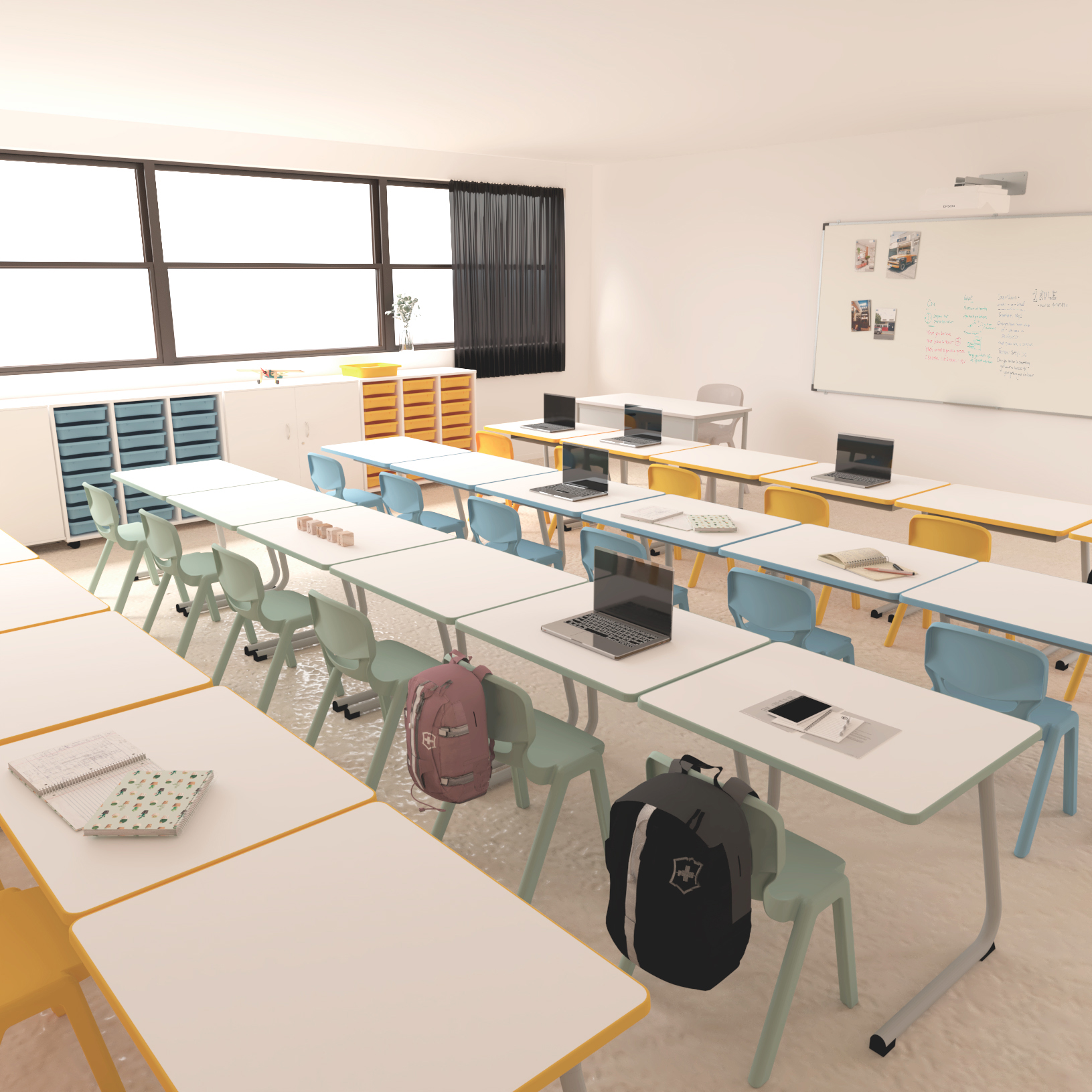 Une salle de classe moderne et lumineuse, avec des chaises aux couleurs pastel et des rangées de bureaux, met en valeur l'atmosphère de l'École numérique. Des ordinateurs portables, des cahiers et des sacs à dos remplissent l'espace tandis que la lumière naturelle pénètre à flots, mettant en valeur le tableau blanc et les armoires de rangement.