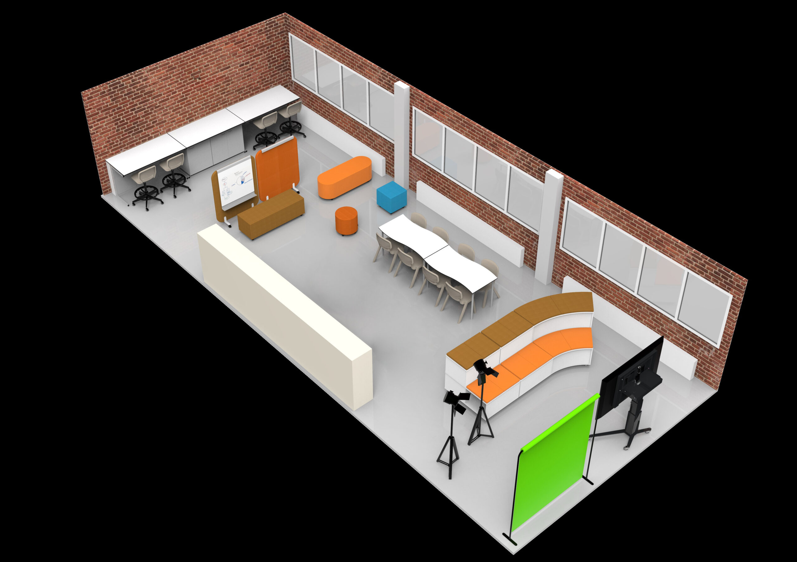 Rendu 3D de la salle du CEPA Ateca, avec des murs en briques, de grandes fenêtres, des bureaux avec des chaises, un tableau blanc, des bancs orange et sarcelle, une zone de sièges incurvée, un écran vert, des caméras sur trépieds et un grand moniteur - parfait pour les sessions de l'Aula Mentor.