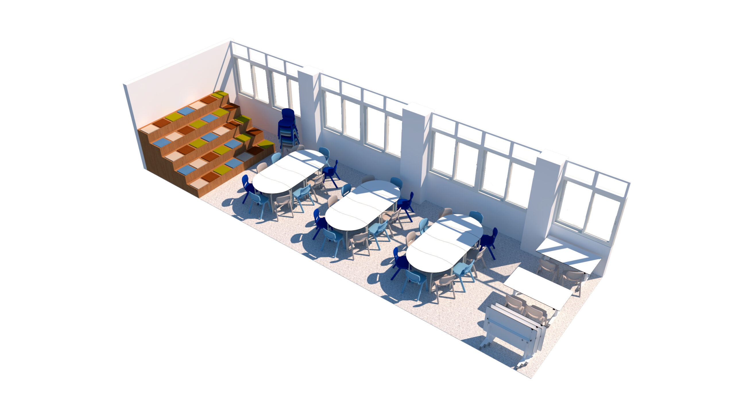 Une salle de classe Ateca lumineuse et organisée avec cinq tables ovales et des chaises bleues, de grandes fenêtres, et un ensemble de marches en bois étagées avec des coussins colorés dans le coin - parfait pour l'apprentissage de la CEPA ou de l'Aula Mentor.