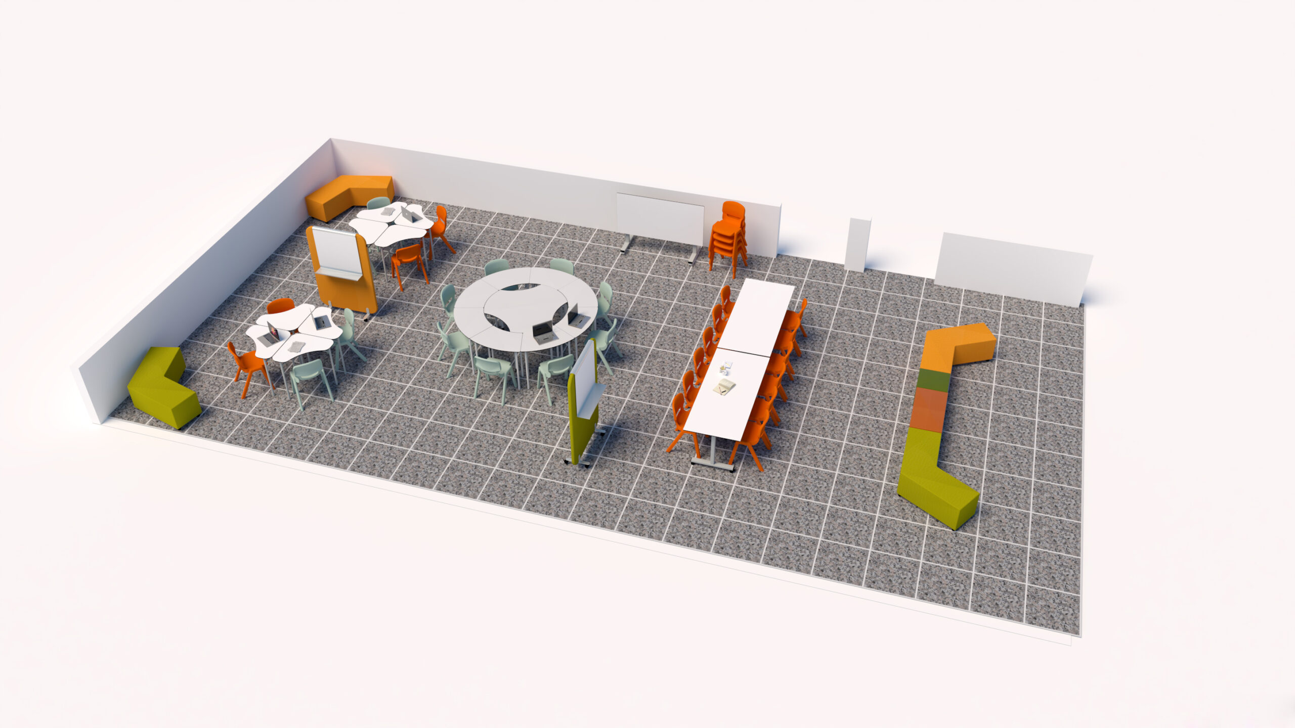 Une salle de classe au CEPA avec des sols carrelés gris, des sièges orange et verts, des tables rondes et rectangulaires, des tableaux blancs et des chaises orange empilées le long du mur - arrangés pour un travail de groupe flexible dans un cadre Aula Mentor ou Ateca inspirant.