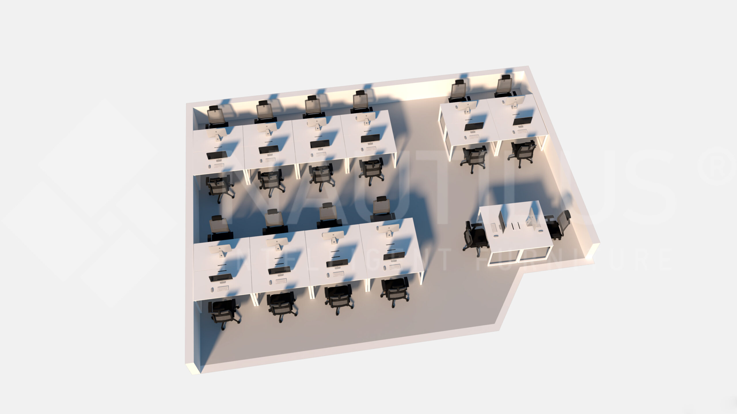 Rendu 3D d'un bureau ouvert moderne avec 20 bureaux disposés en grappes et des chaises noires. Un bureau et une chaise supplémentaires sont placés à l'écart, près de l'entrée, peut-être pour un directeur. L'espace est lumineux et offre une grande liberté de mouvement.