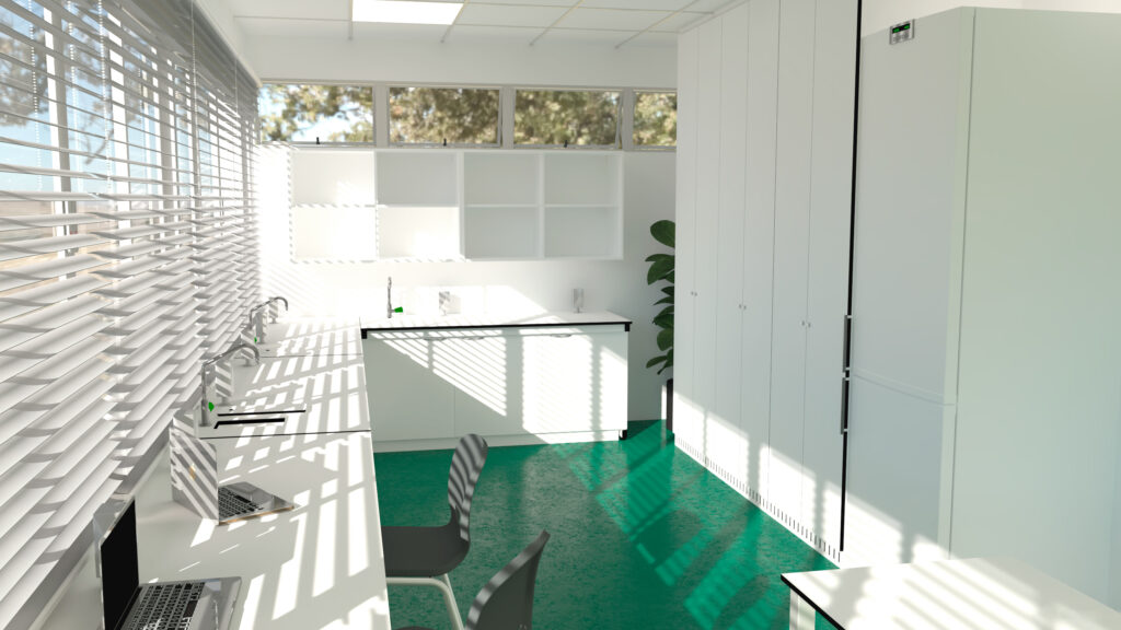 Un bureau moderne et lumineux inspiré du design des Laboratoires, avec un sol vert, des murs blancs, des armoires et des bureaux. Trois chaises et des ordinateurs portables sont installés près d'une fenêtre à stores, tandis que la lumière du soleil projette des ombres rayées dans la pièce.
