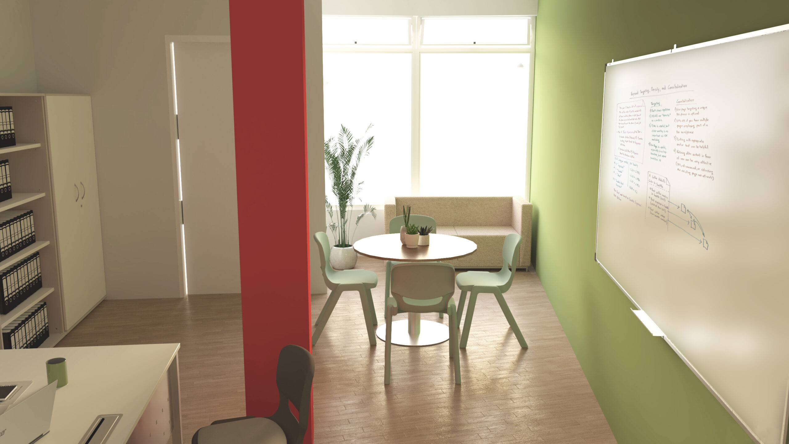 Une salle des enseignants moderne avec une table ronde et quatre chaises, un tableau blanc sur un mur vert, un canapé près de grandes fenêtres, une plante et un mur d'accent rouge. Des étagères avec des classeurs sont visibles sur la gauche.