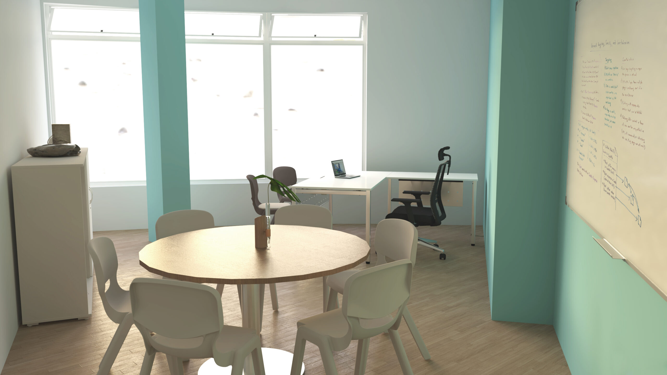 Un espace de bureau moderne, idéal pour une salle des enseignants, comprend une table ronde en bois avec six chaises, un tableau blanc sur le mur, un bureau avec un ordinateur près de grandes fenêtres, et des murs bleu clair avec un sol en bois clair.