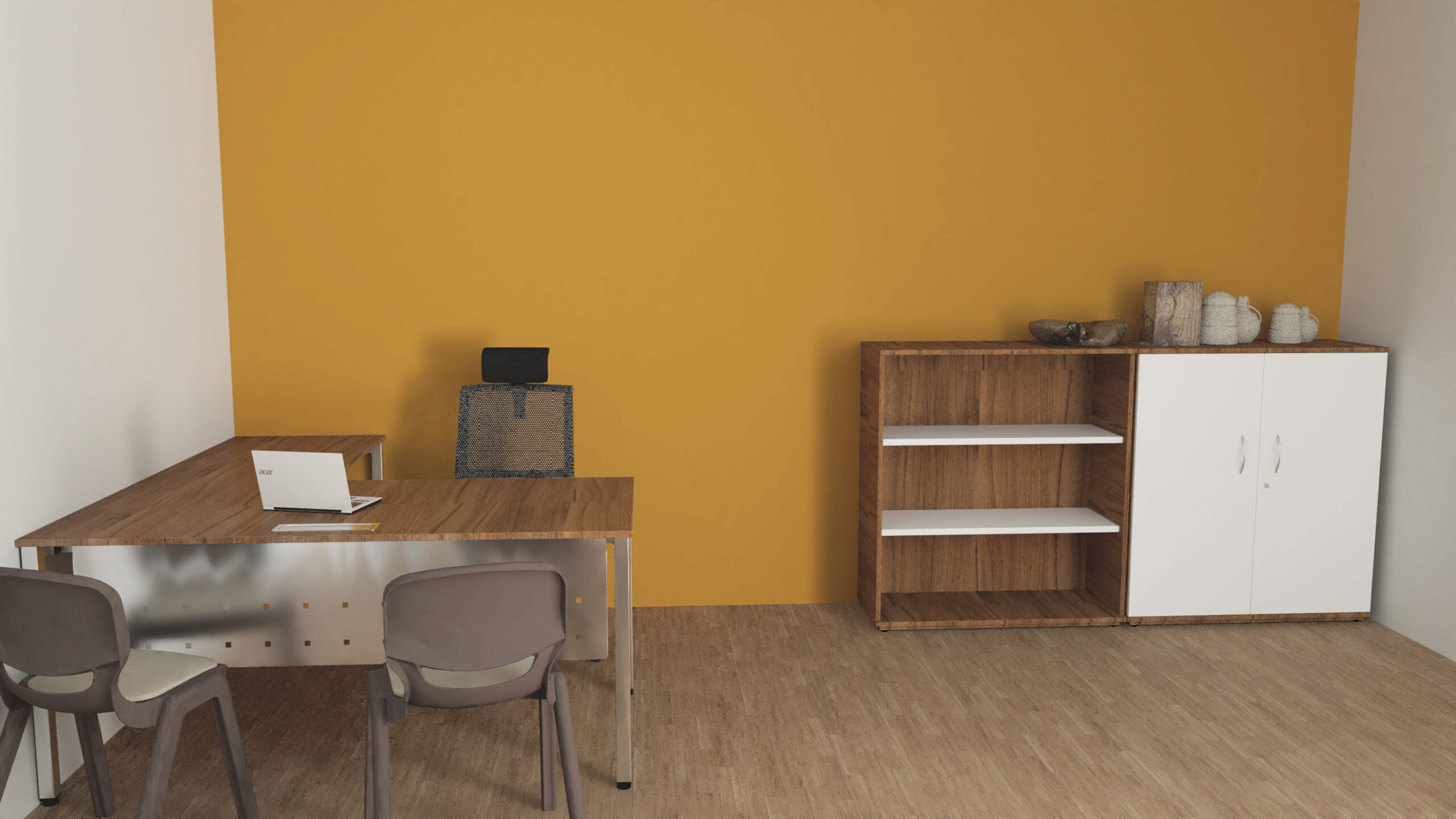 Un bureau minimaliste avec un bureau en bois, deux chaises, un ordinateur portable et un meuble de rangement contre un mur d'accent jaune moutarde sur un sol en bois. Les objets de décoration se trouvent sur le meuble.