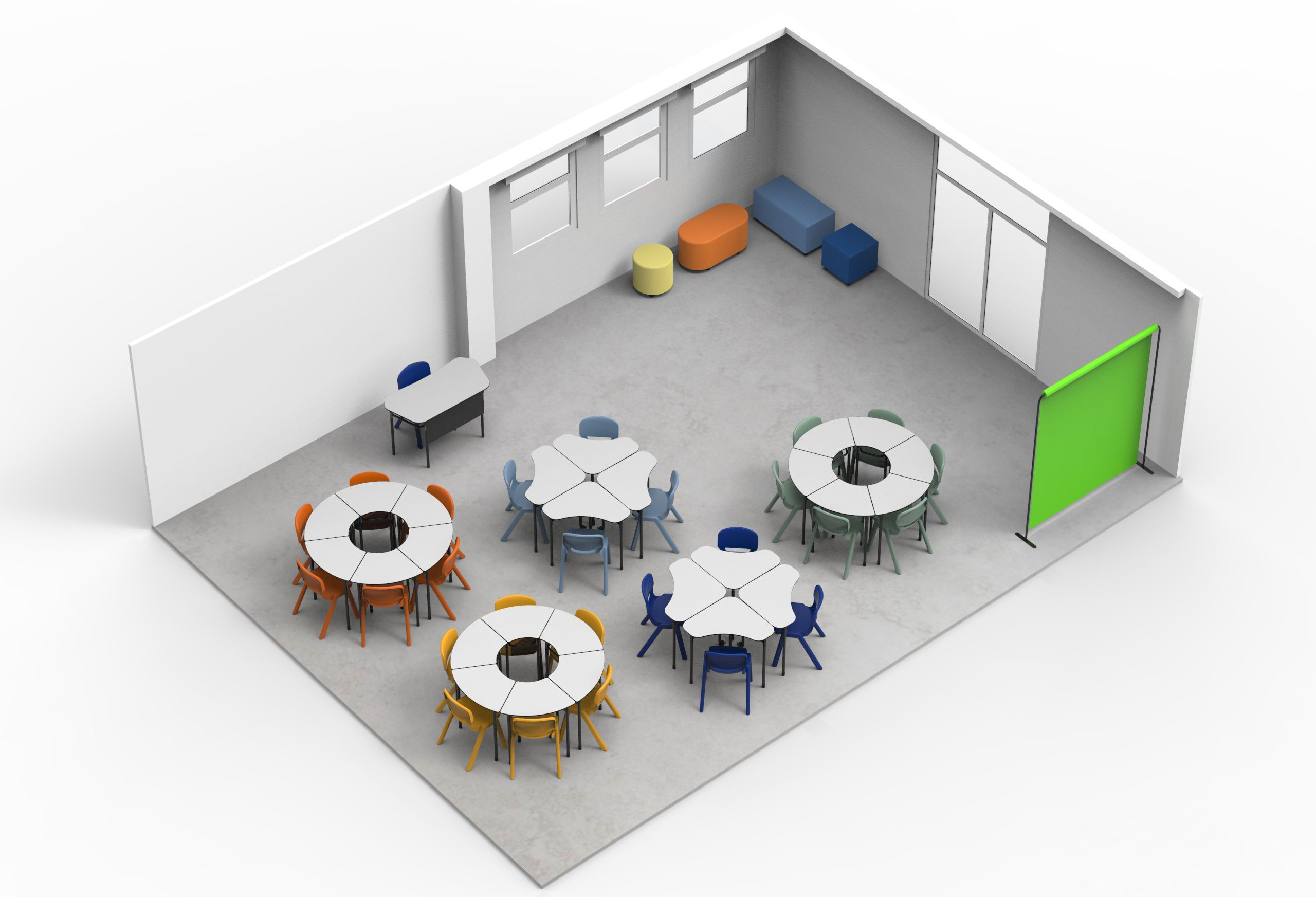 Rendu 3D d'une salle de classe Aula Mentor avec quatre tables rondes, des chaises colorées, un bureau d'enseignant, des sièges souples et un écran de séparation vert près de l'entrée. Trois fenêtres éclairent l'espace CEPA.