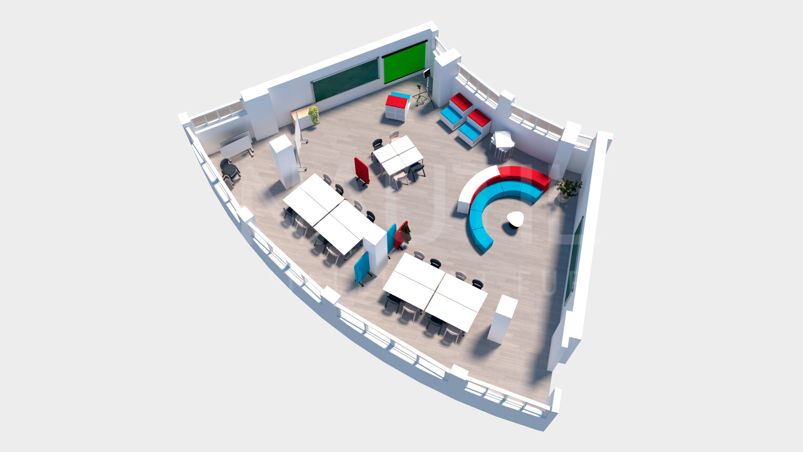 Une salle de classe Ateca en 3D avec des bureaux groupés, des chaises, un coin salon incurvé, des étagères et de grandes fenêtres le long de deux murs, créant un environnement d'apprentissage lumineux et flexible, parfait pour les programmes CEPA ou Aula Mentor.