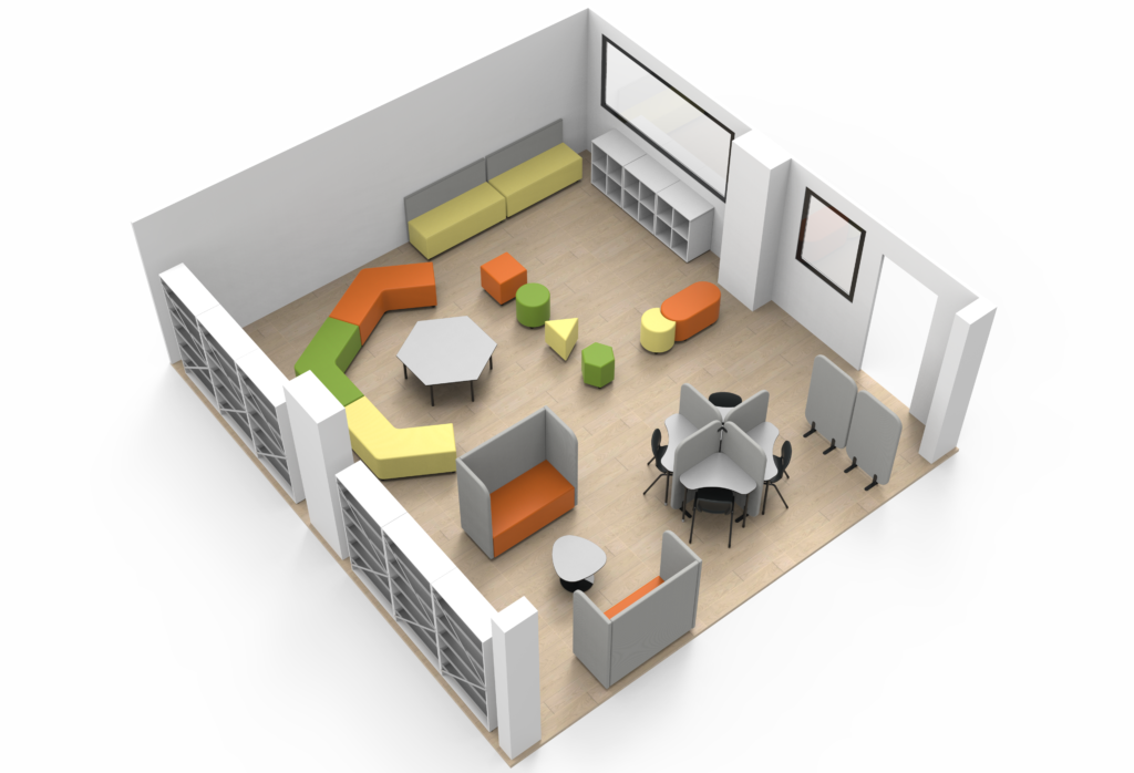 Rendu 3D d'une salle moderne pour l'Aula Mentor ou le CEPA, avec des sièges modulaires en vert, jaune et orange, une table ronde avec quatre chaises, des étagères le long de deux murs, de grandes fenêtres et un sol en bois clair.
