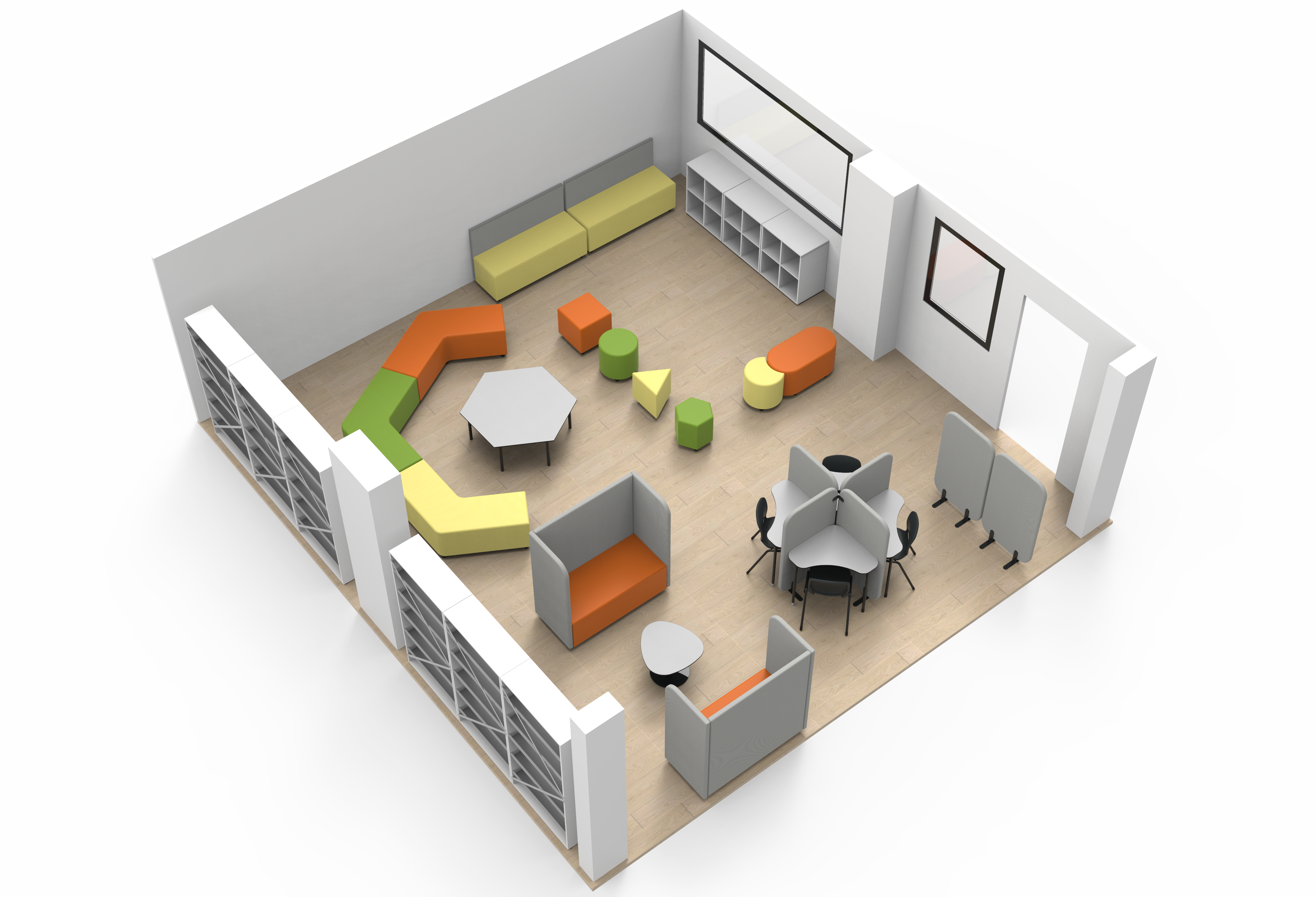Rendu 3D d'une salle moderne pour l'Aula Mentor ou le CEPA, avec des sièges modulaires en vert, jaune et orange, une table ronde avec quatre chaises, des étagères le long de deux murs, de grandes fenêtres et un sol en bois clair.