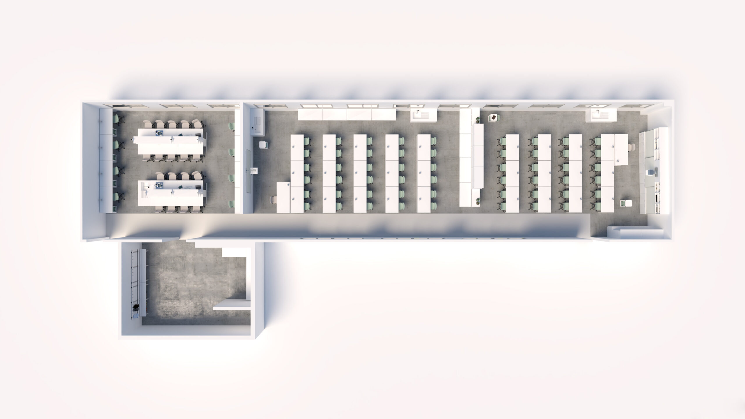 Vue de haut en bas d'un plan de bureau comprenant une salle de conférence, un espace de travail ouvert avec des bureaux en rangées, des bureaux privés, des laboratoires dédiés sur le côté, des zones de stockage et une entrée avec des pièces séparées.