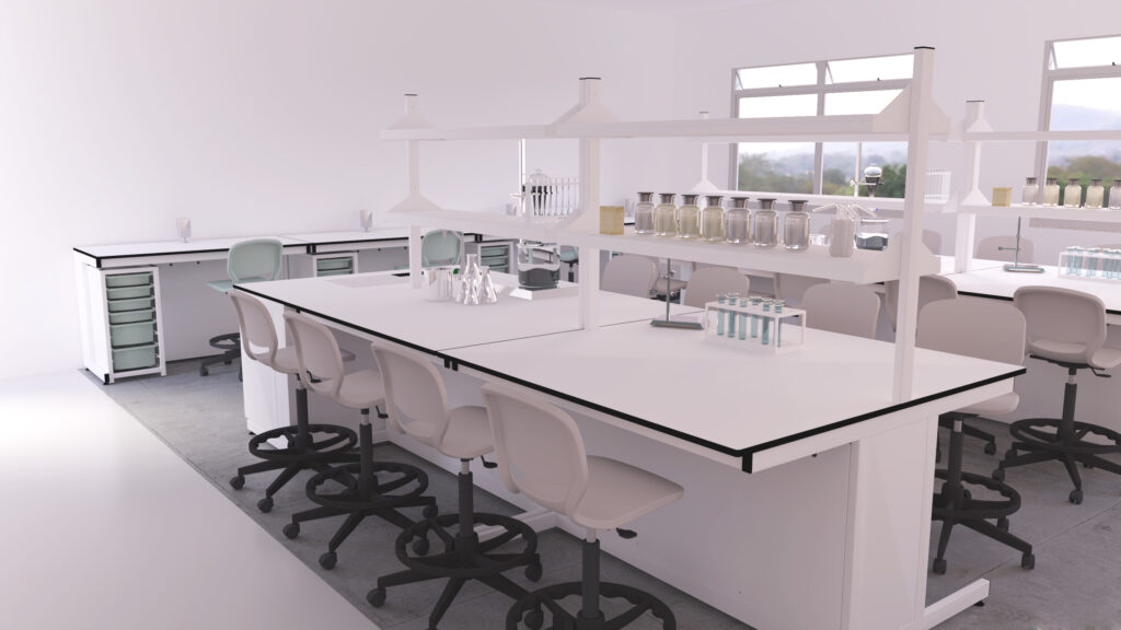 Un laboratoire moderne et lumineux, comme ceux que l'on trouve dans les top Laboratoires, avec des établis blancs, des tabourets de laboratoire, des étagères contenant de la verrerie, des flacons et des tubes à essai, et de grandes fenêtres laissant entrer la lumière naturelle.