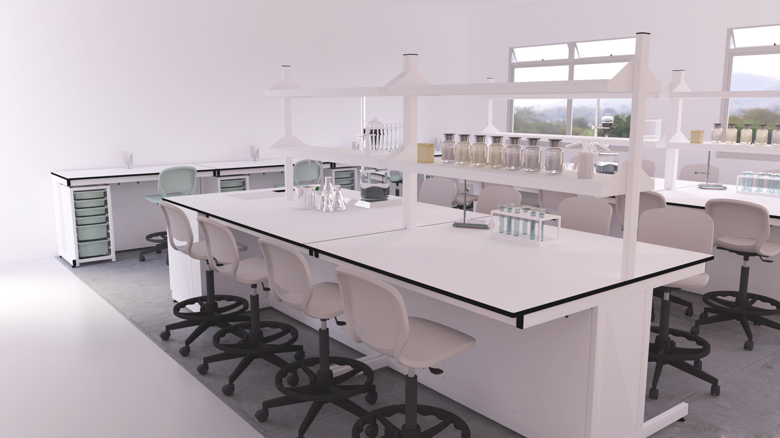 Un laboratoire moderne et lumineux, comme ceux que l'on trouve dans les top Laboratoires, avec des établis blancs, des tabourets de laboratoire, des étagères contenant de la verrerie, des flacons et des tubes à essai, et de grandes fenêtres laissant entrer la lumière naturelle.