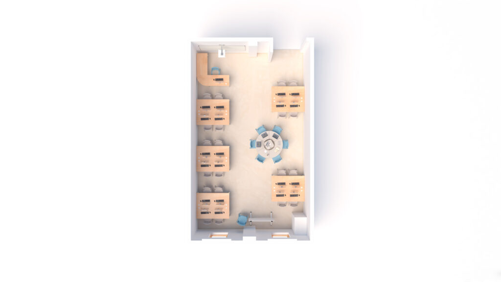 Vue de haut en bas d'une salle de classe avec des bureaux disposés en rangées des deux côtés, une table ronde avec des chaises au centre, un bureau d'enseignant à l'avant, et des étagères ou des meubles de rangement le long des murs.